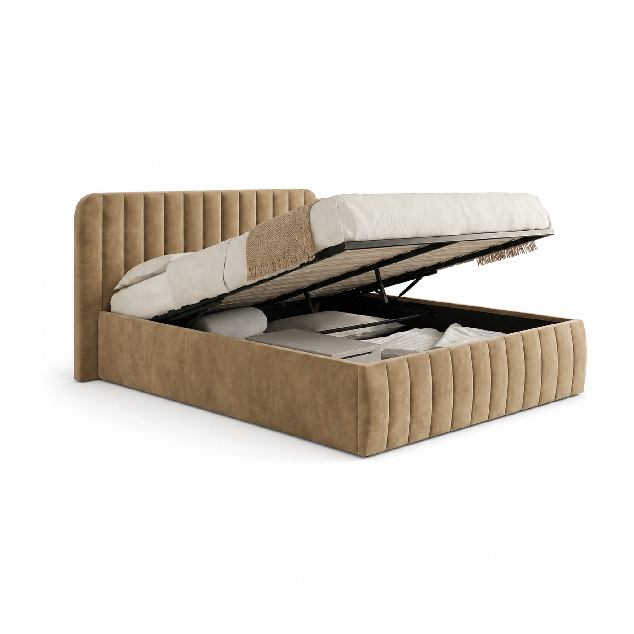 ID MARKET Lit coffre double ALBA avec tête de lit et sommier 140 x 190 cm velours taupe