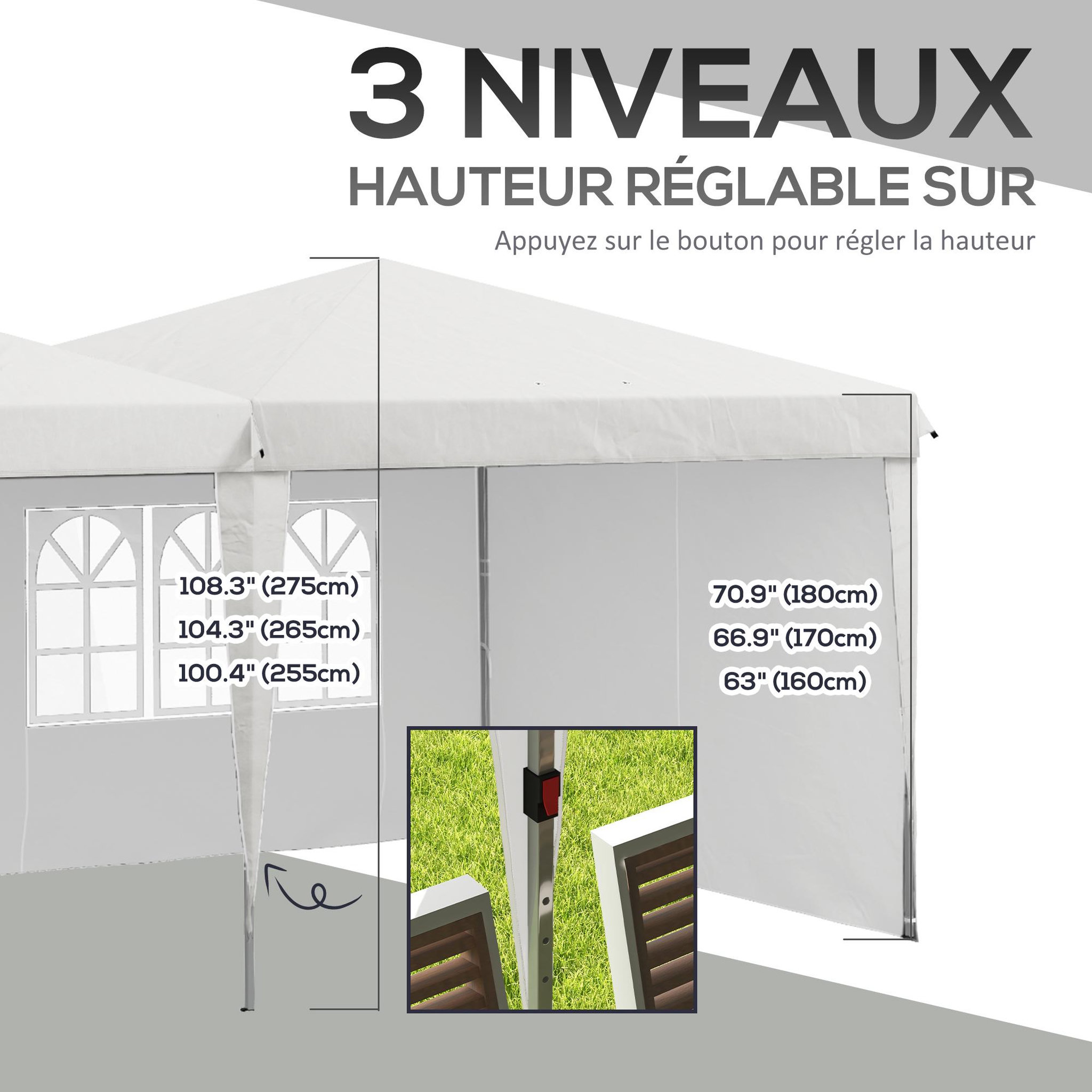 Voir la diapositive 5 : OUTSUNNY Tonnelle barnum pliant pop-up - 4 pans latéraux amovibles, 6 fenêtres, sac transport, 5 sacs lestage - acier Oxford blanc