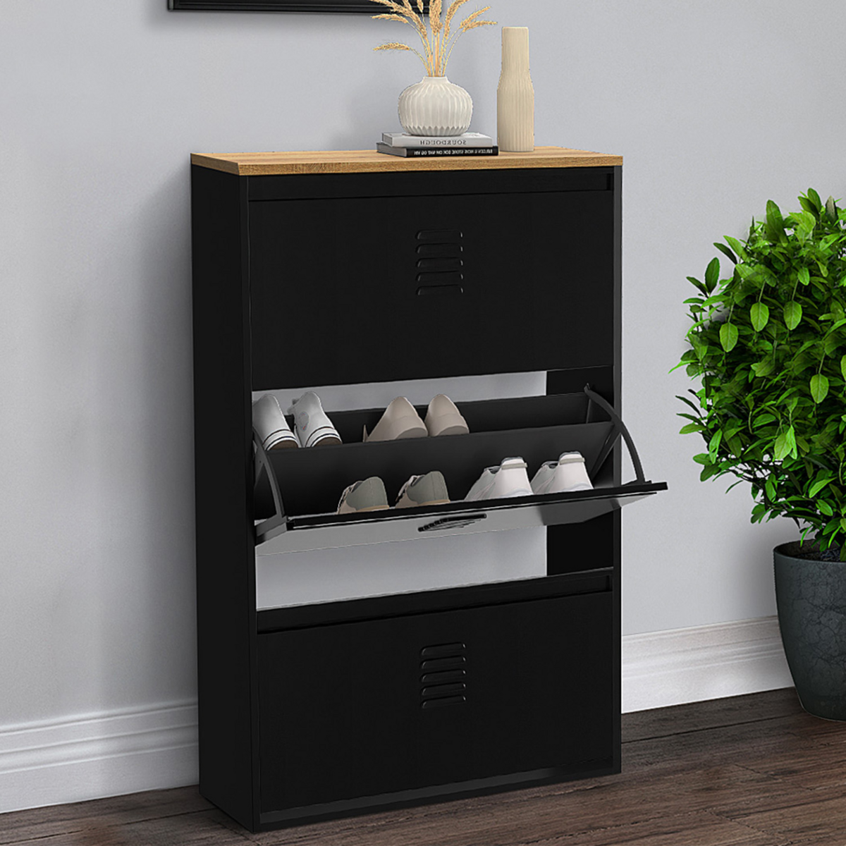 ID MARKET Meuble à chaussures maxi capacité ESTER 3 portes 18 paires métal noir et plateau bois design industriel