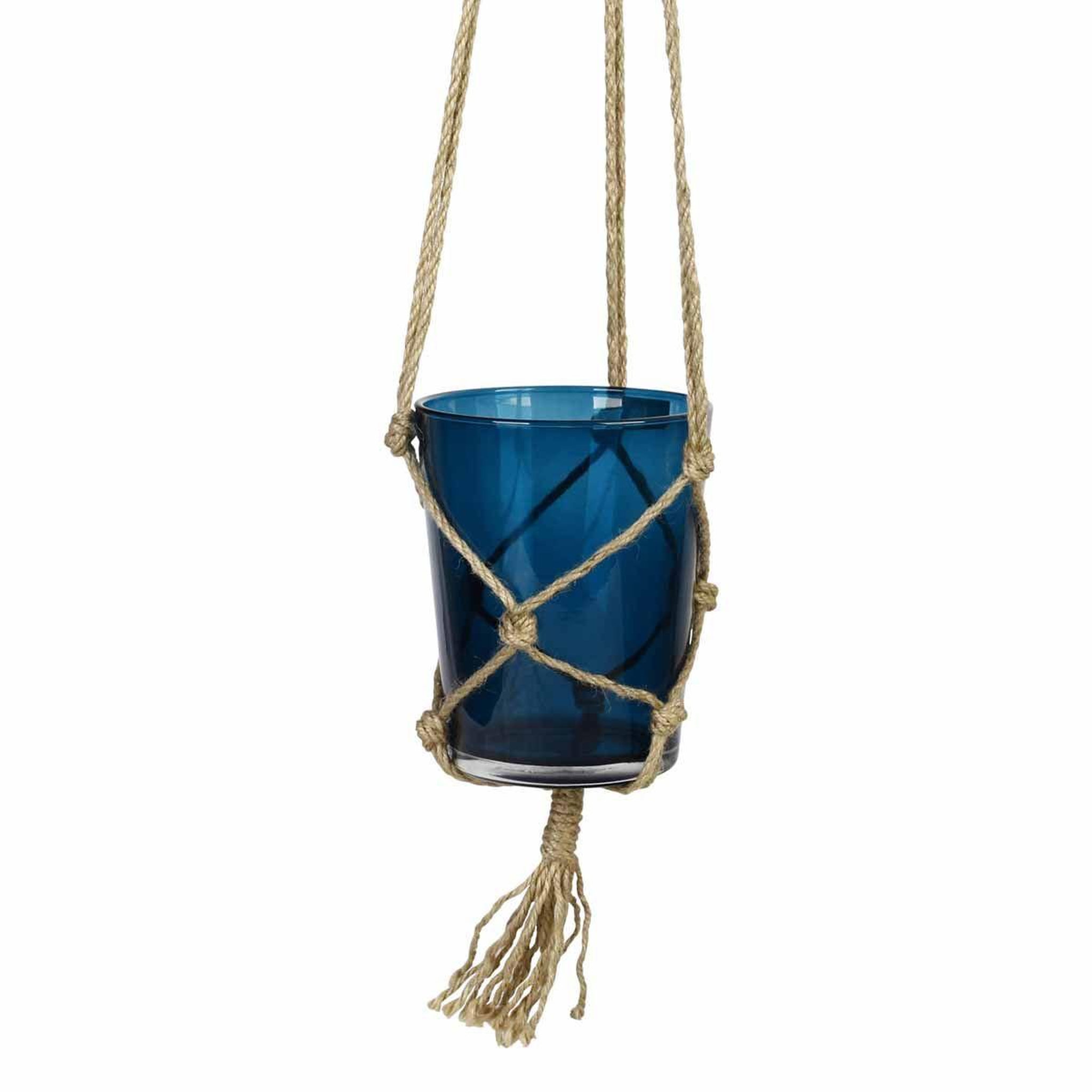 HOMEA Pot en verre suspendu  chanvre  13cm bleu indigo