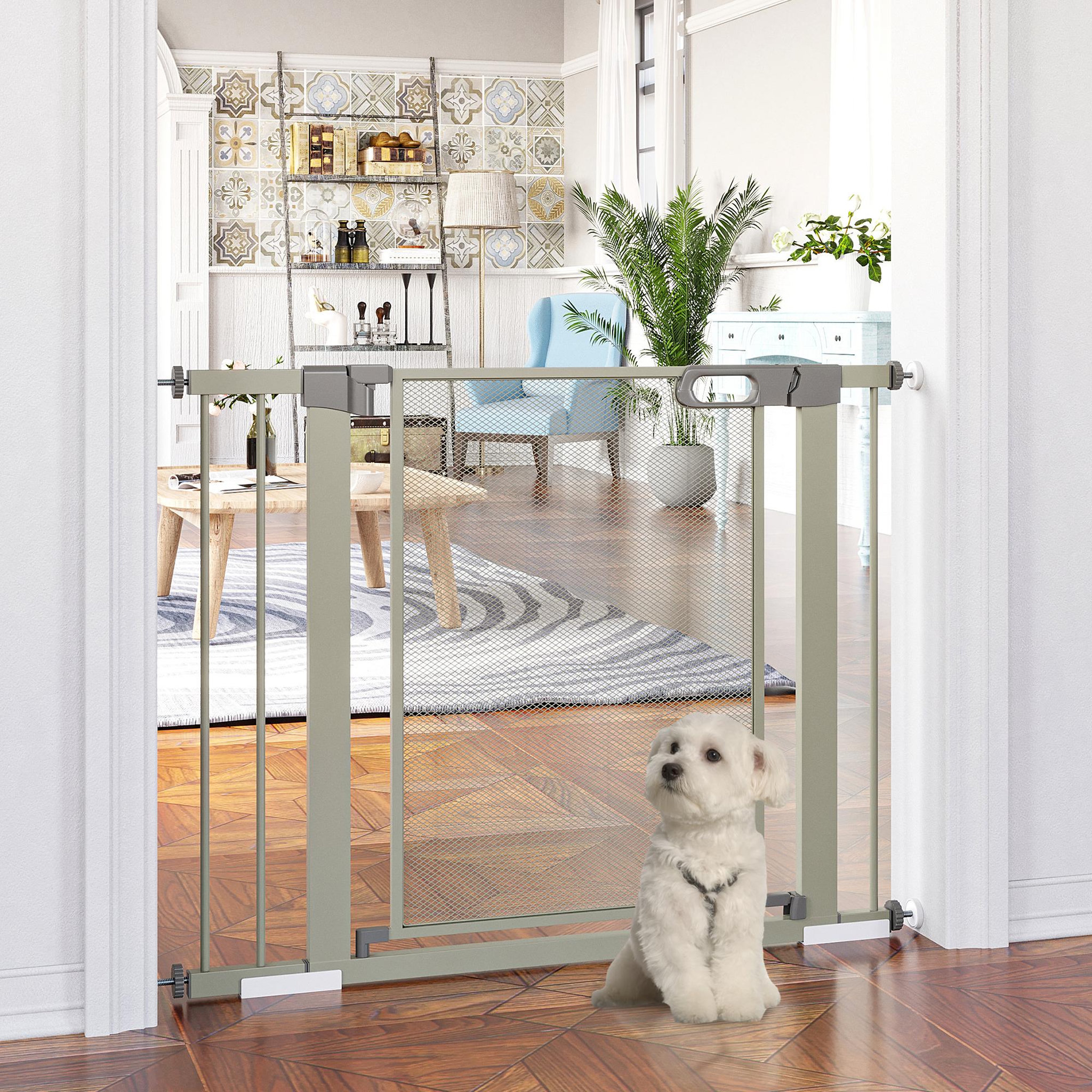 Voir la diapositive 2 : PAWHUT Barrière de sécurité animaux - longueur réglable dim. 75-103 cm - porte double verrouillage, ouverture double sens -sans perçage - acier abs gris