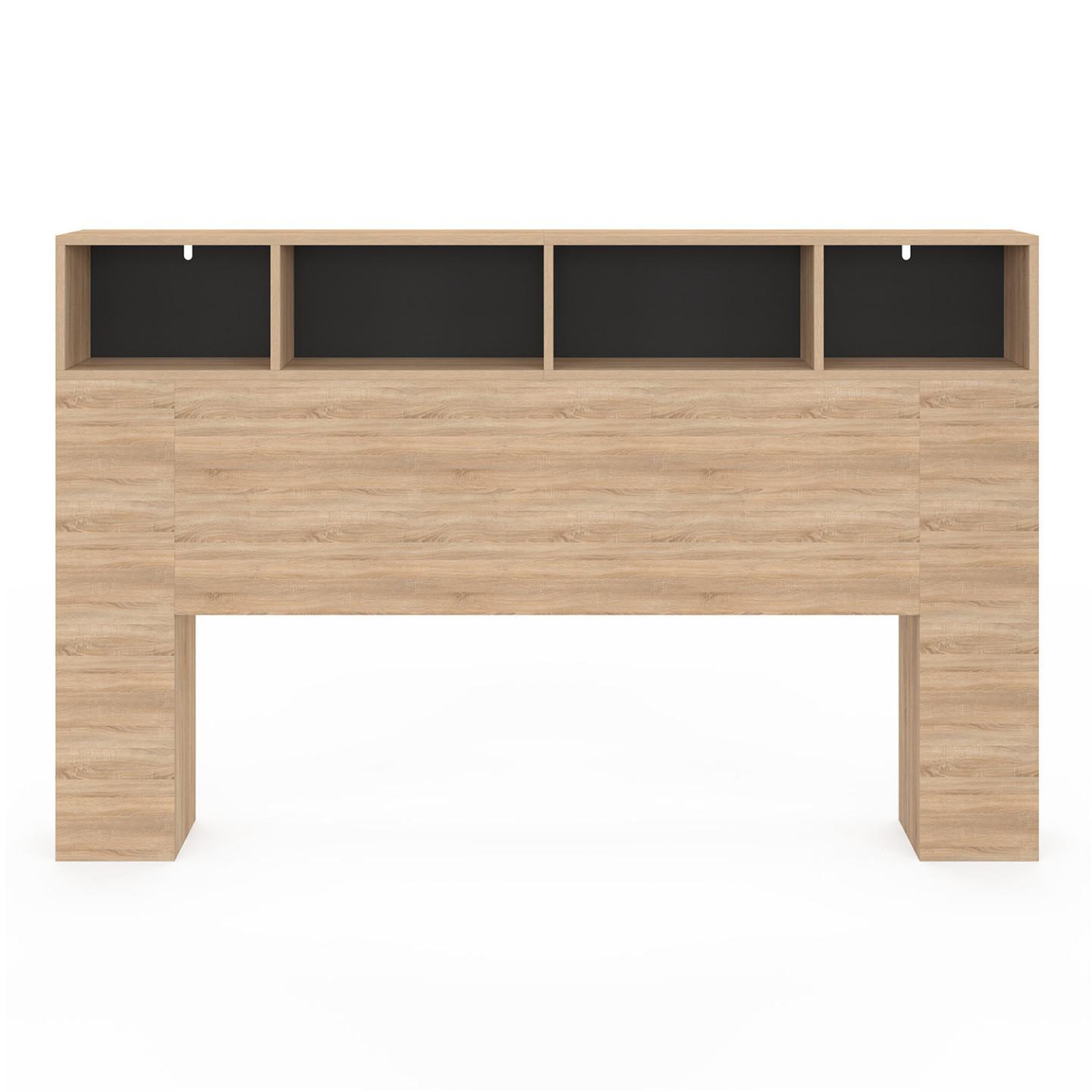 Voir la diapositive 3 : ID MARKET Tête de lit sur pied cleo 165 cm avec rangements fermés et niches façon hêtre et noir