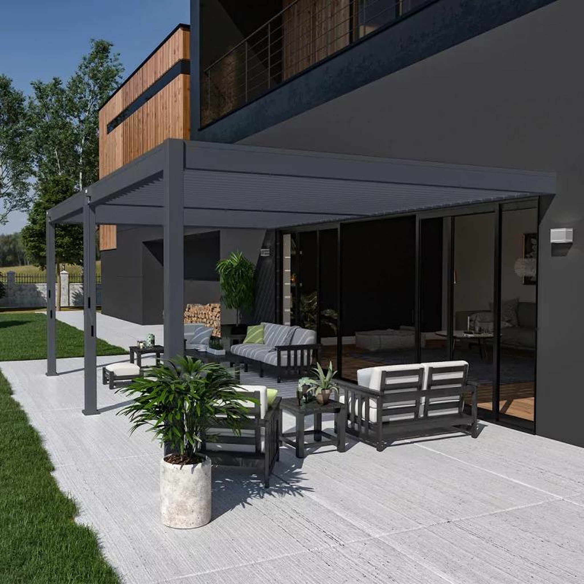 CENTRALE BRICO Pergola bioclimatique adossée 6 x 4 m avec 2 stores anthracite de 3 m - aluminium anthracite - toiture étanche