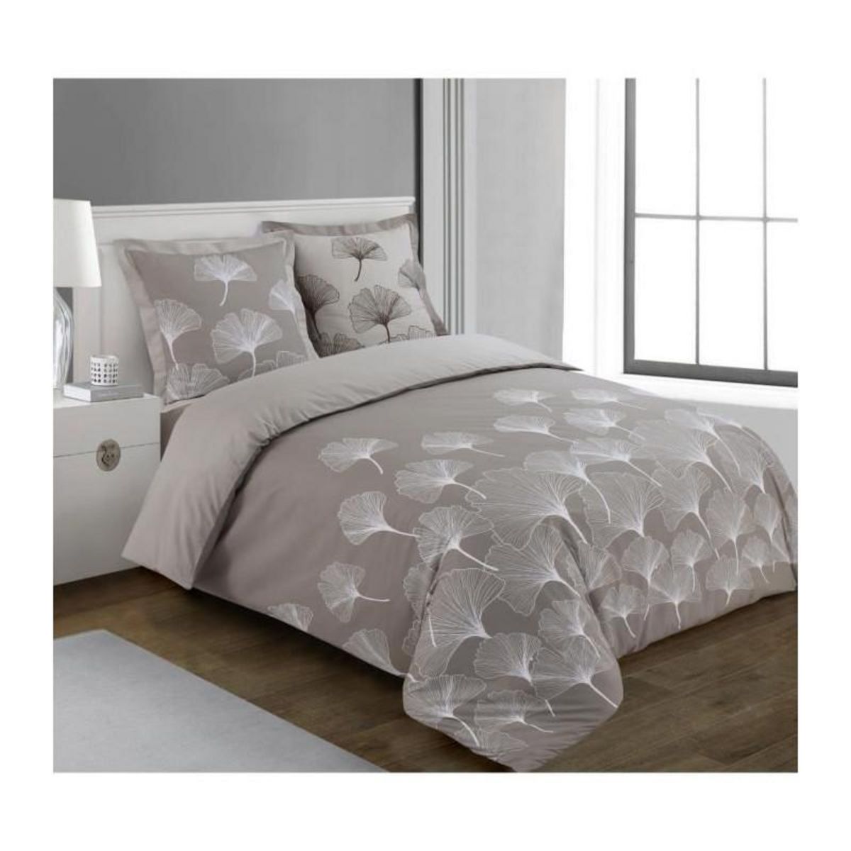 VISION Parure Housse de couette - VISION - Ginko - Parure réversible - 140 x 200 cm - 1 taie assortie 65 x 65 cm - Beige - 100% coton