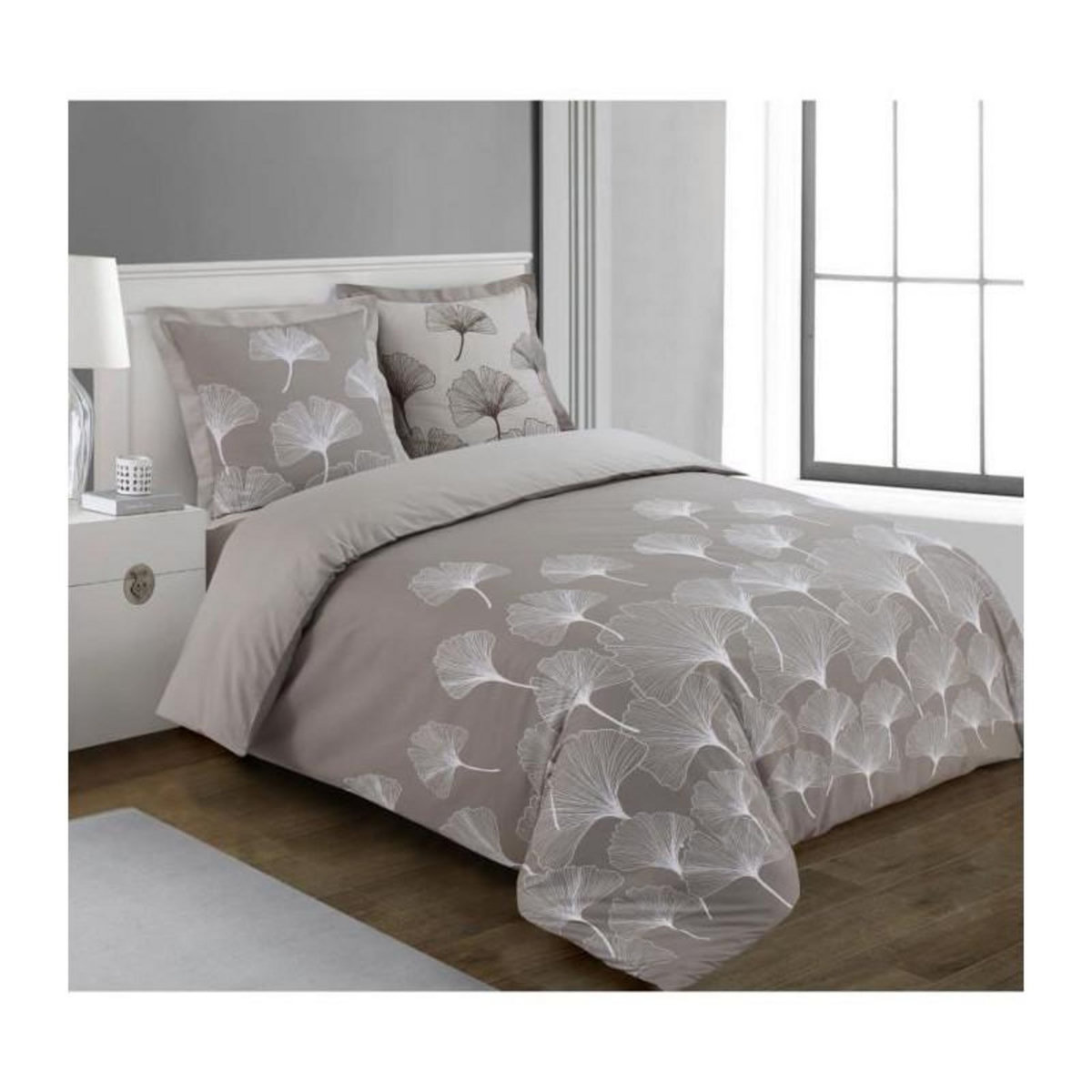 VISION Parure Housse de couette - VISION - Ginko - Parure réversible - 140 x 200 cm - 1 taie assortie 65 x 65 cm - Beige - 100% coton