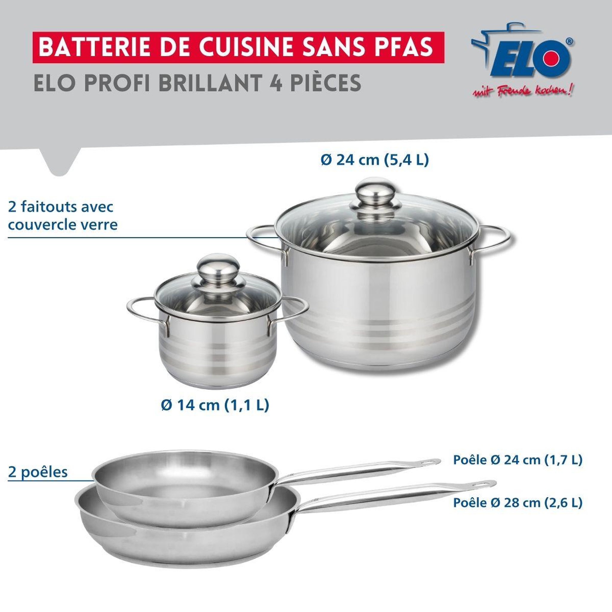 Voir la diapositive 2 : ELO Ensemble de 2 poêles de cuisson 24 et 28 cm et 2 faitouts 14 et 24 cm elo profi brillant