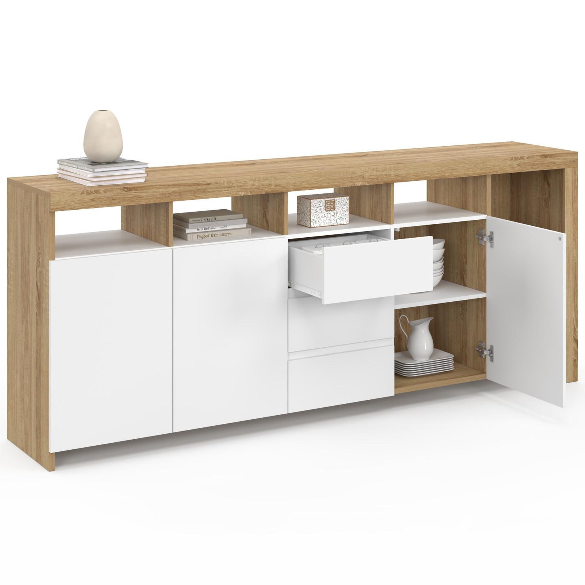 Voir la diapositive 4 : ID MARKET Buffet 180 cm MALO bois façon hêtre 3 portes et 3 tiroirs blancs