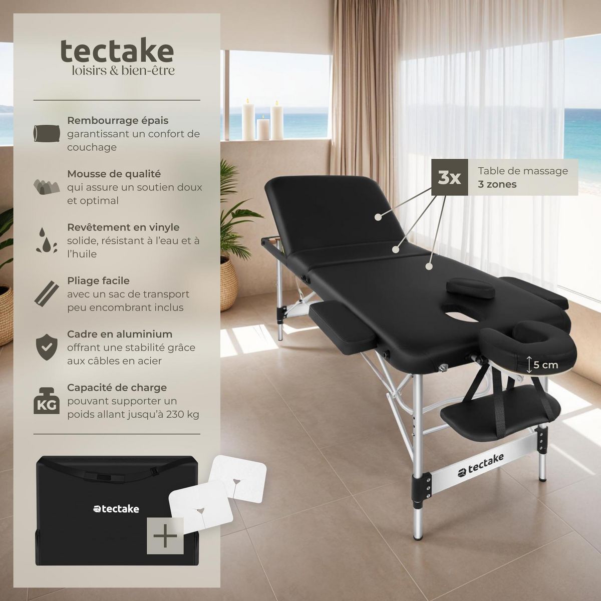 tectake Table 3 zones de massage largeur 70 cm et rembourrage 5 cm noir