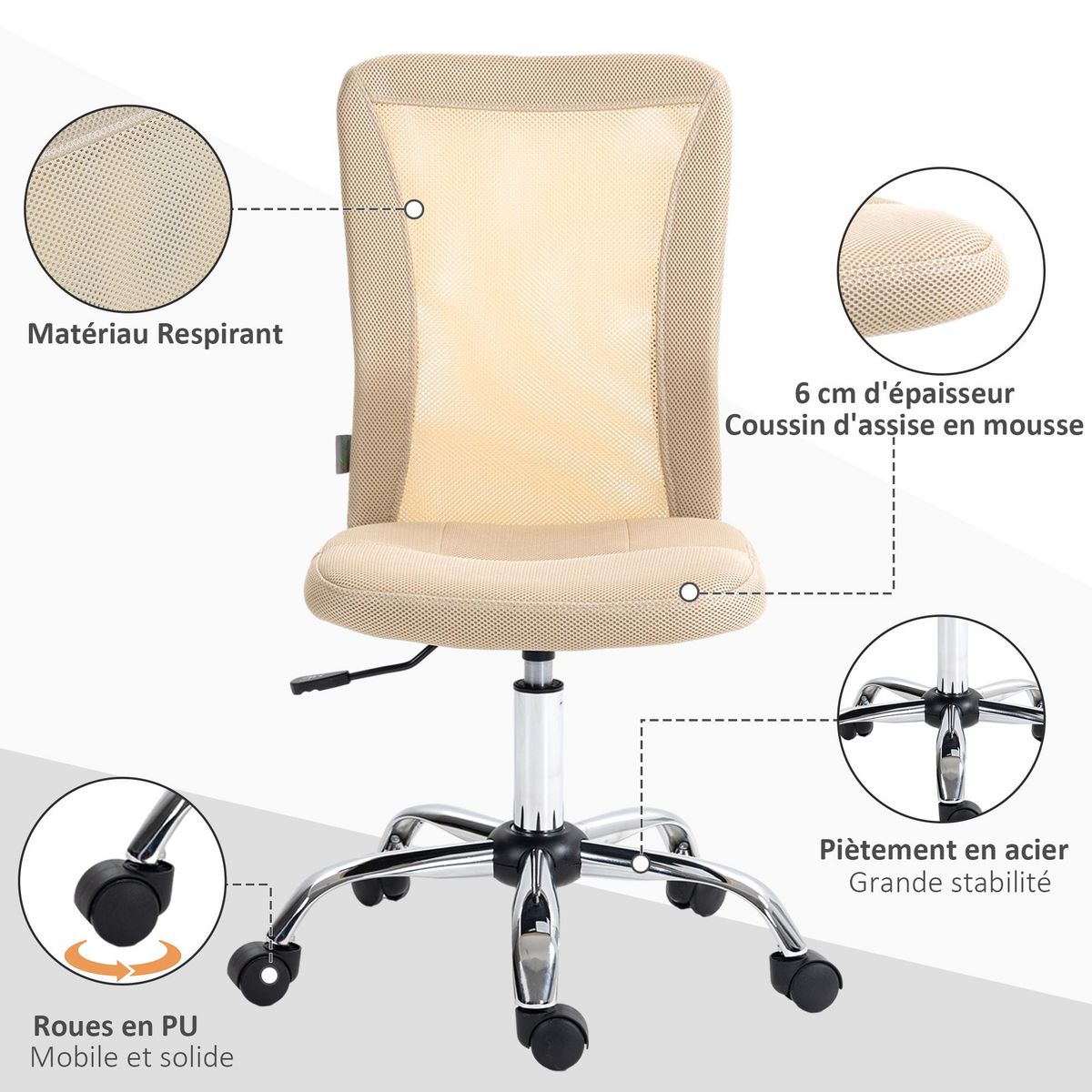 VINSETTO Vinsetto Chaise de bureau ergonomique hauteur réglable piètement chromé pivotant 360° revêtement maille beige