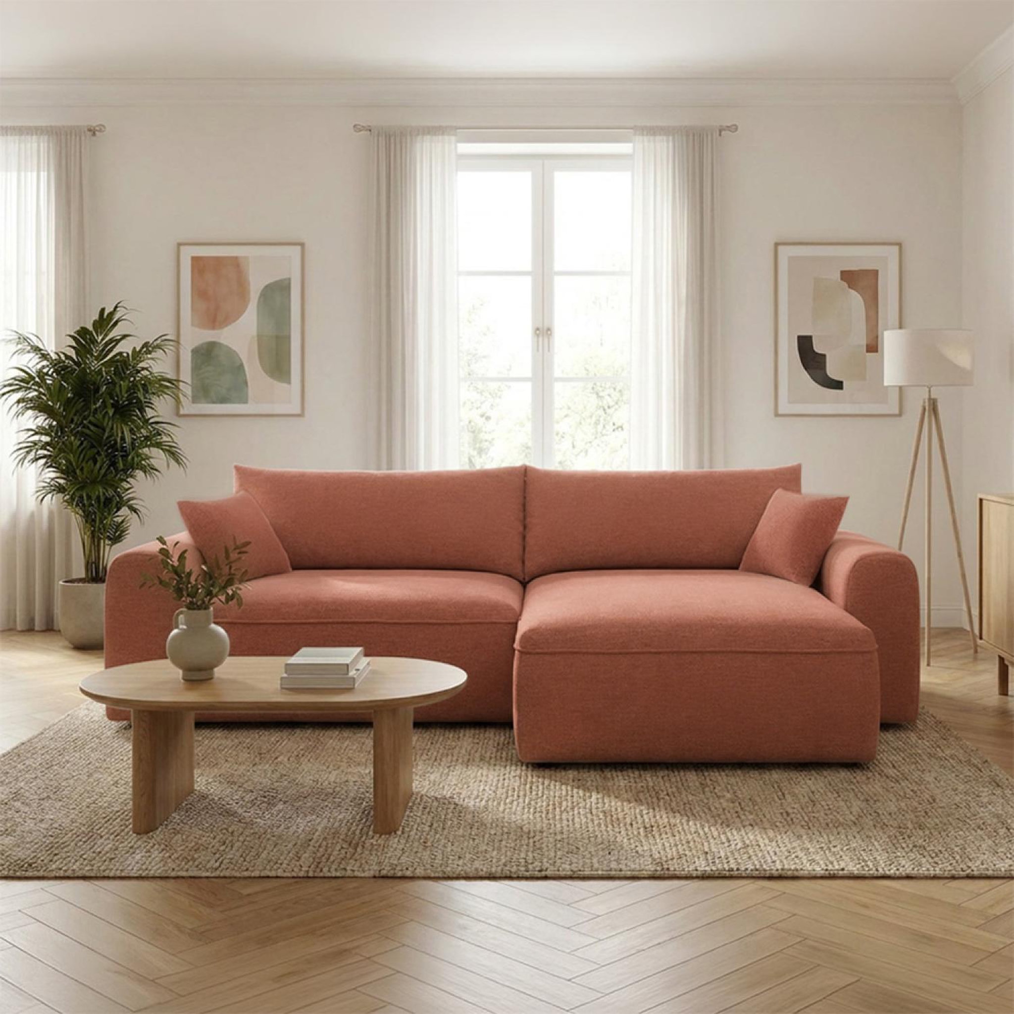 Voir la diapositive 2 : CONCEPT USINE Canapé d'angle convertible 4 places en tissu bouclé avec coffre de rangement belair