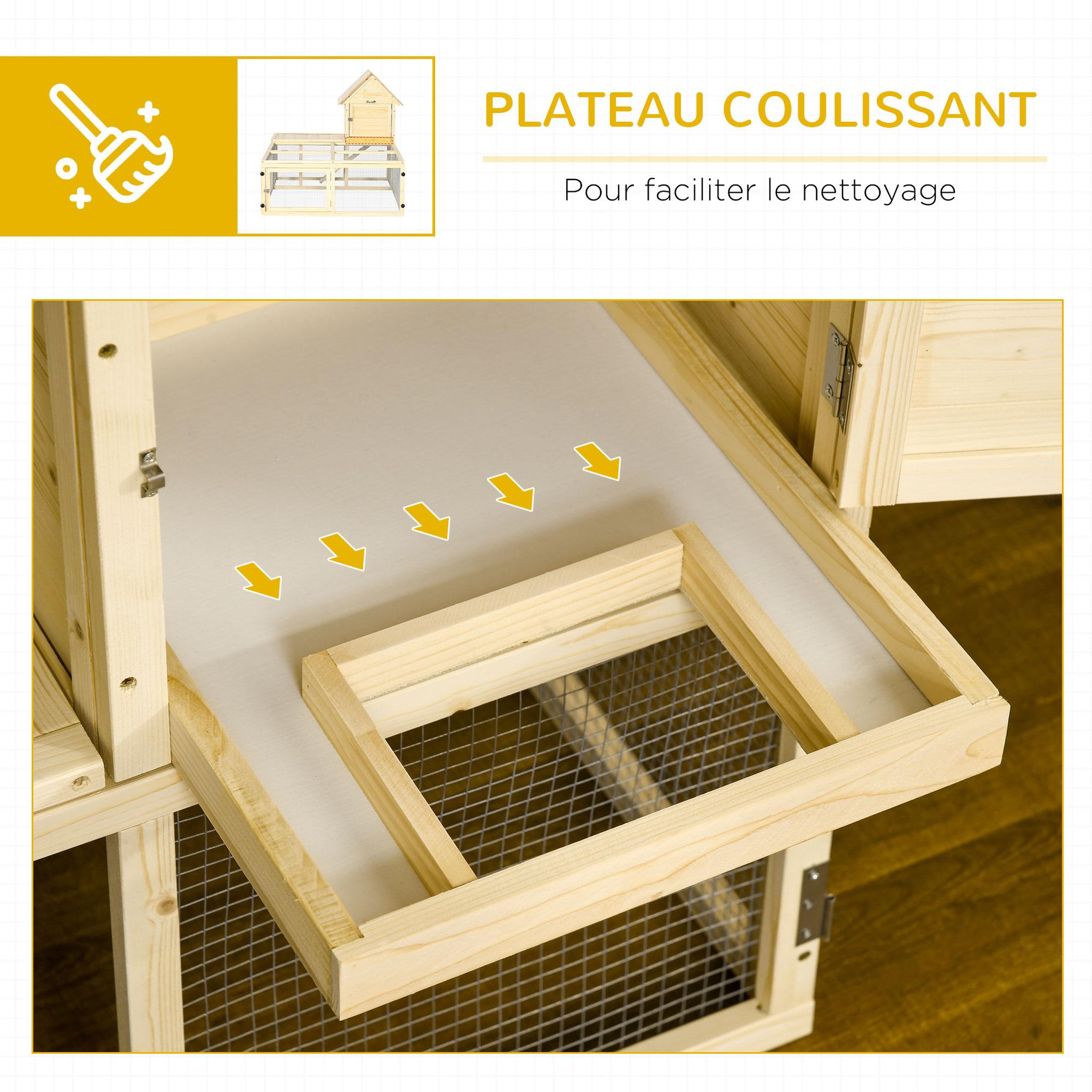 Voir la diapositive 6 : PAWHUT Clapier enclos cage à lapin 2 niveaux dim. 151l x 106l x 97h cm - aire de jeu, rampe, portes verouillables - bois sapin