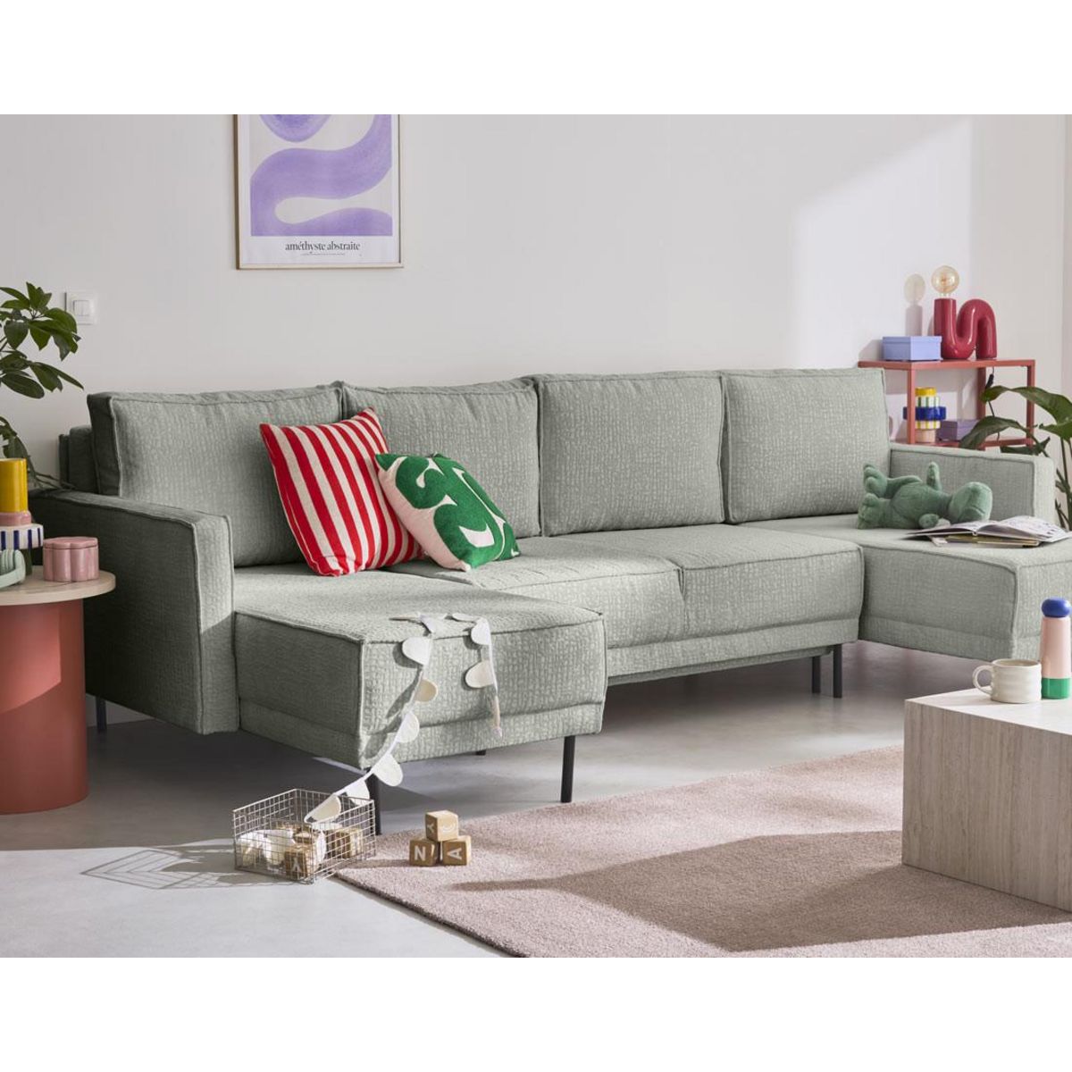 LISA DESIGN Charlie - canapé panoramique en u 7 places - convertible avec coffre - en tissu velours relief