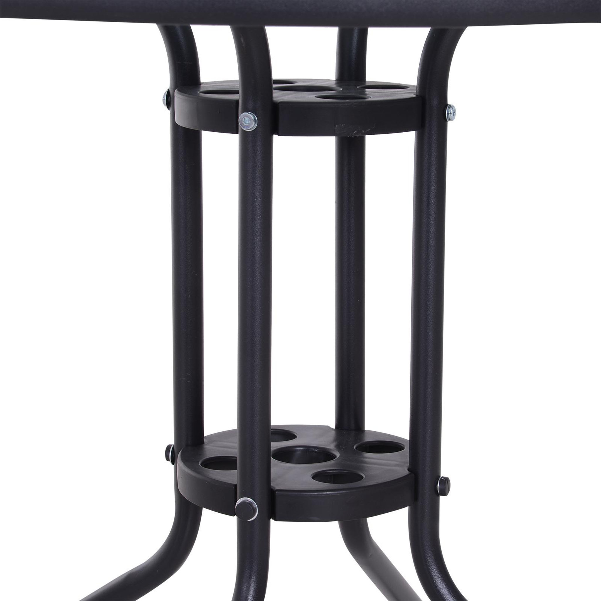 Voir la diapositive 6 : OUTSUNNY Table ronde bistro de jardin dim. Ø 80 x 72H cm espace installation parasol acier époxy noir plateau verre trempé