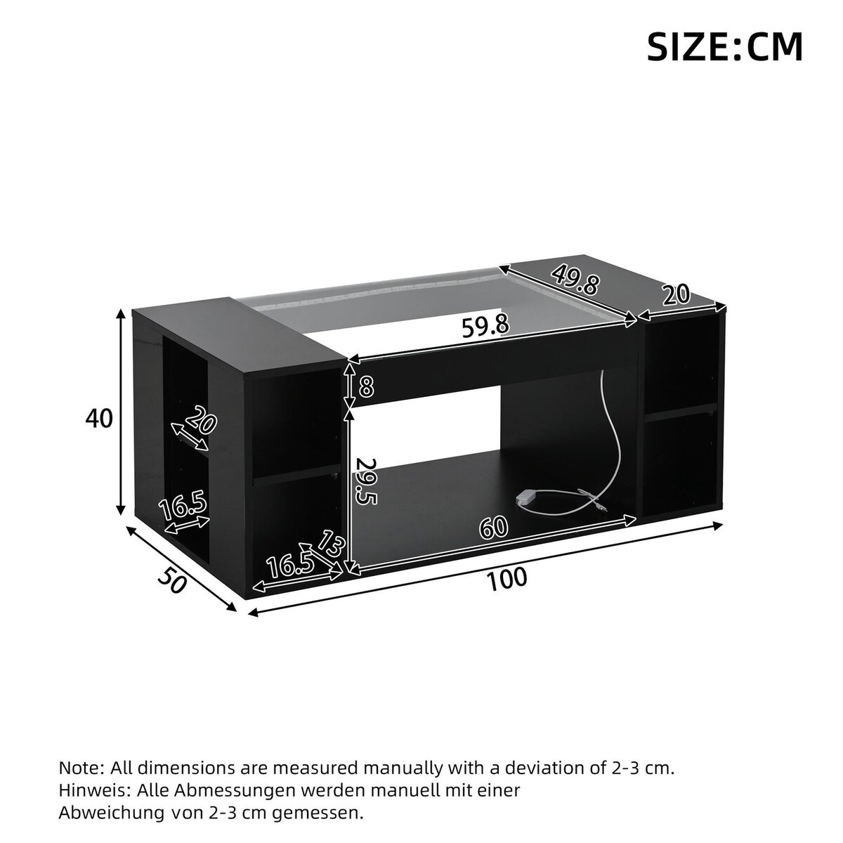 MERAX Table basse rectangulaire noir - 50x100 cm led mdf