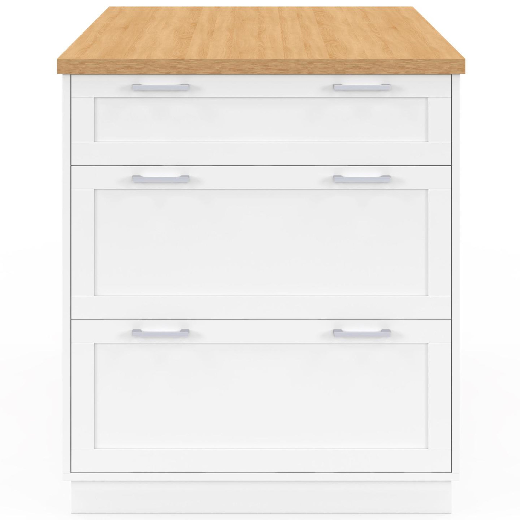 Voir la diapositive 3 : ID MARKET Ilot central mange-debout 4 personnes vito 130 cm casserolier 3 tiroirs blanc et plateau bois