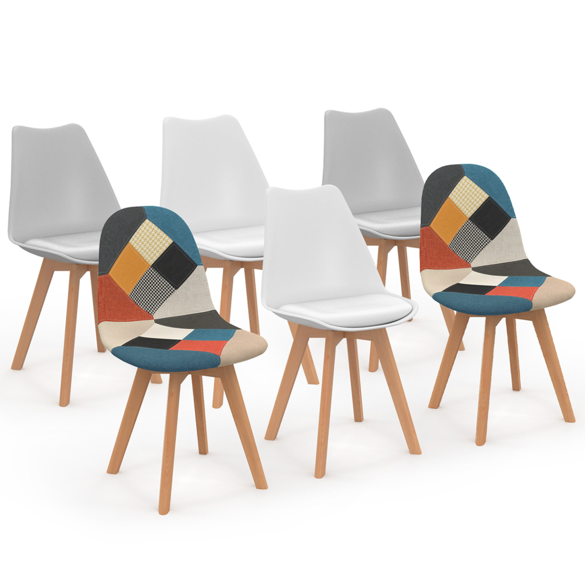 ID MARKET Lot de 6 chaises scandinaves sara blanc x2, gris clair x2 et patchworks multi-couleurs