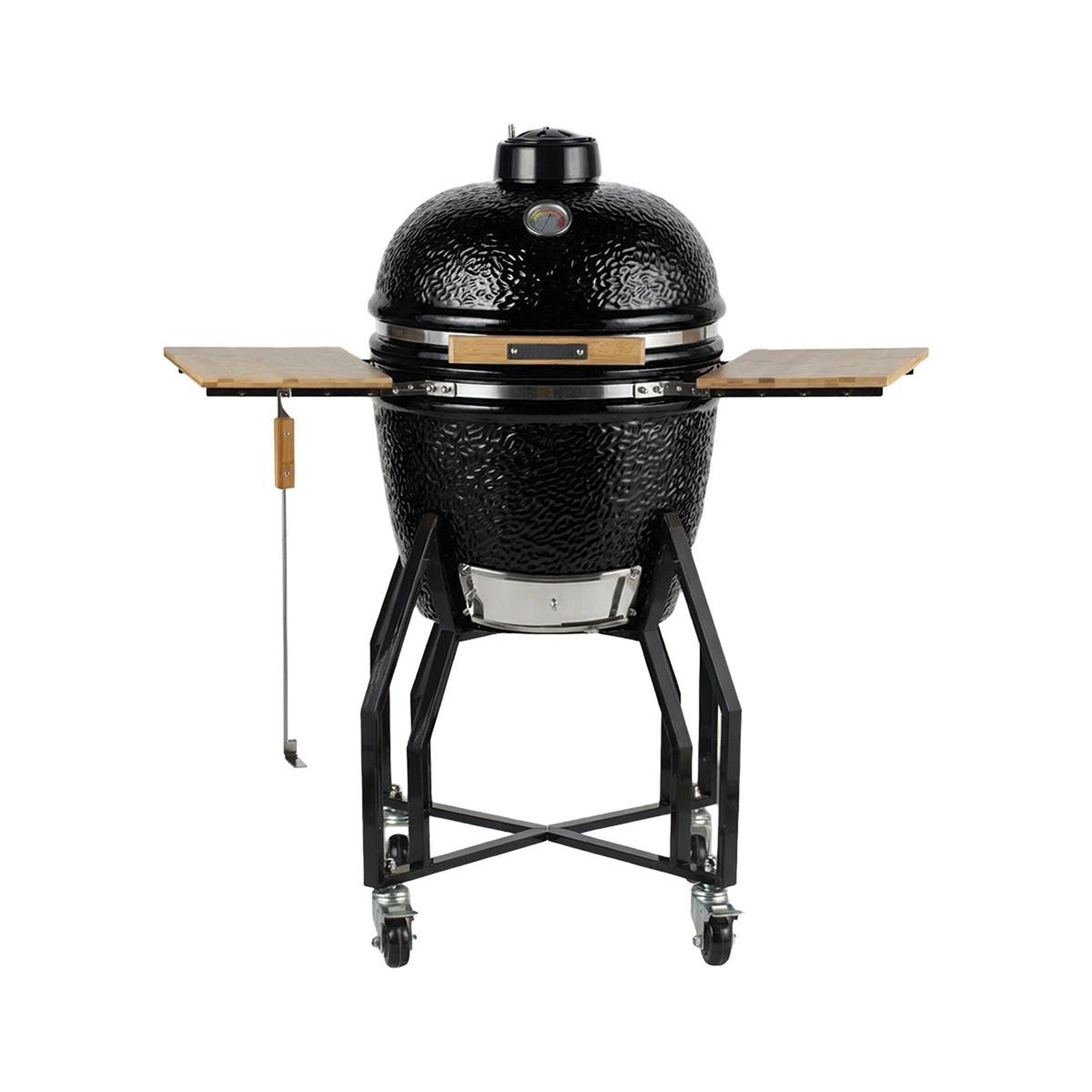 INTEC Barbecue à charbon de bois céramique kamado noir 2 zones de cuisson grill & fumoir ø56cm - barbecue mobile + 2 tablettes intec