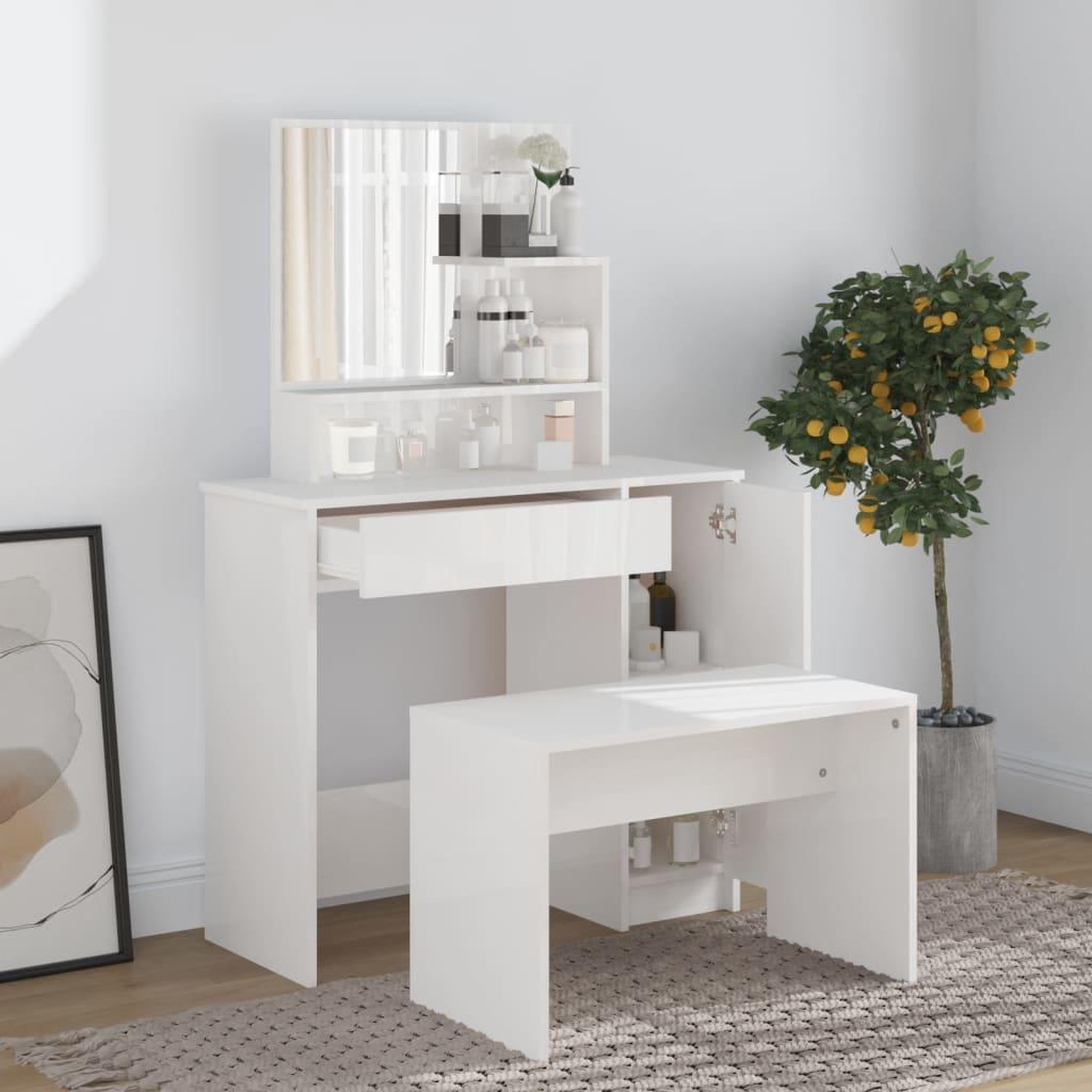 Voir la diapositive 3 : VIDAXL Coiffeuse avec miroir blanc brillant 86,5x35x136 cm
