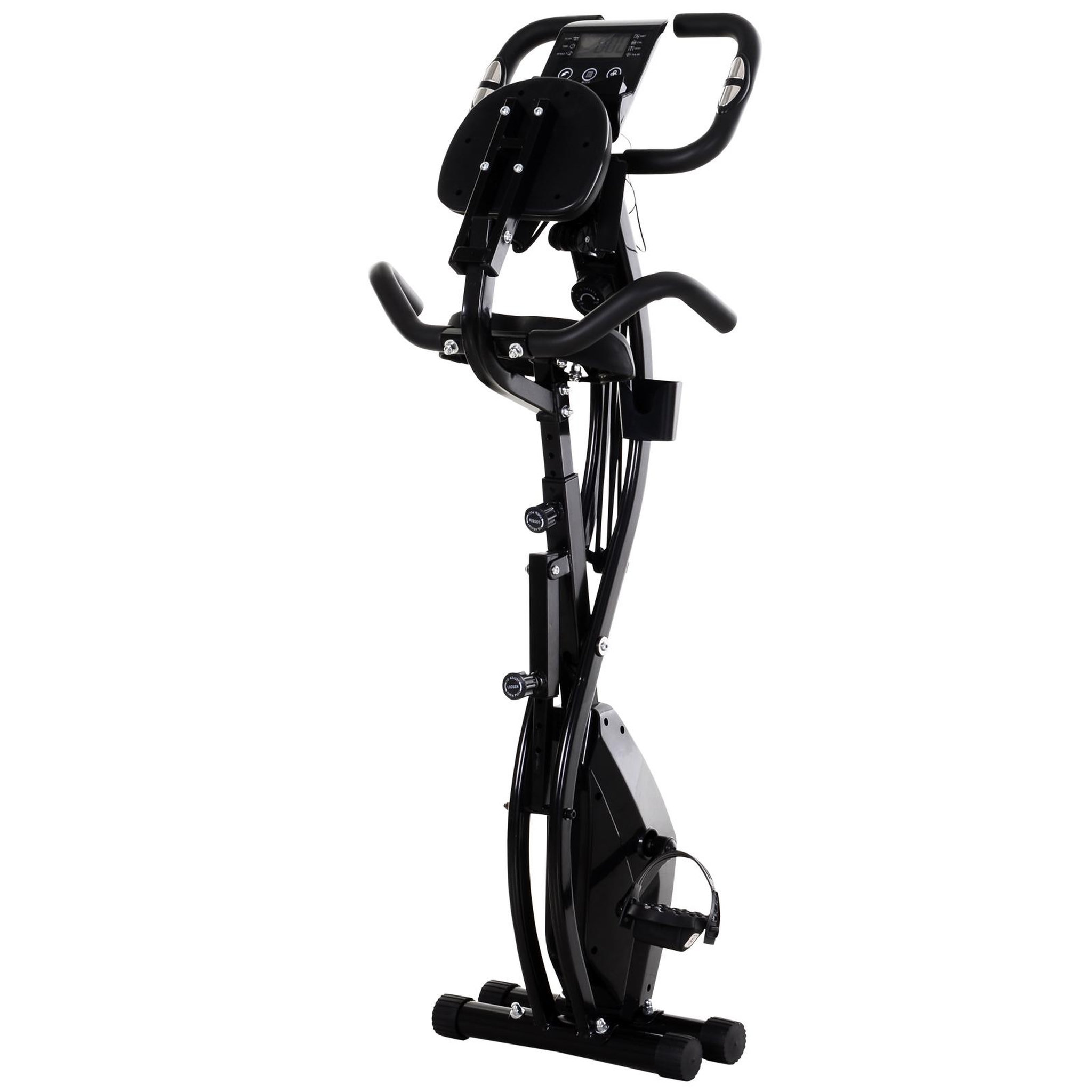 Voir la diapositive 4 : HOMCOM Vélo d'appartement pliant 8 niveaux de résistance magnétique dossier selle réglable poignées ergonomiques écran LCD multifonction suspensions support tablette acier noir