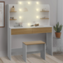 Voir la diapositive 3 : ID MARKET Coiffeuse ZELIA blanc et hêtre table de maquillage 4 étagères, miroir LED et tabouret