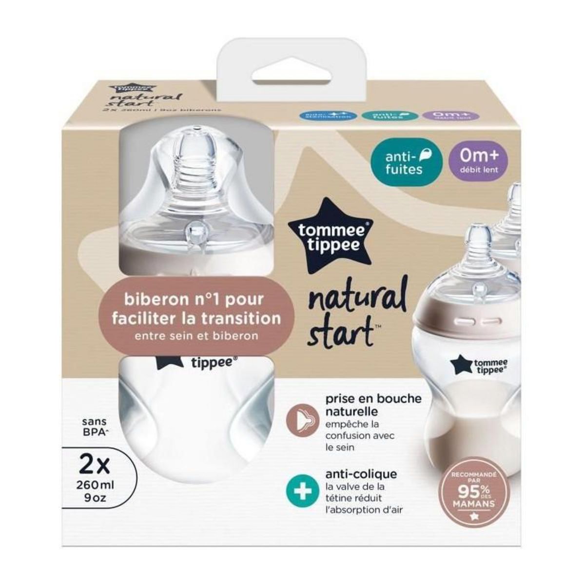 TOMMEE TIPPEE Biberons - TOMMEE TIPPEE - NATURAL START - 260 ml - Anti-colique - Tétine imitant la forme du sein - Lot de 2