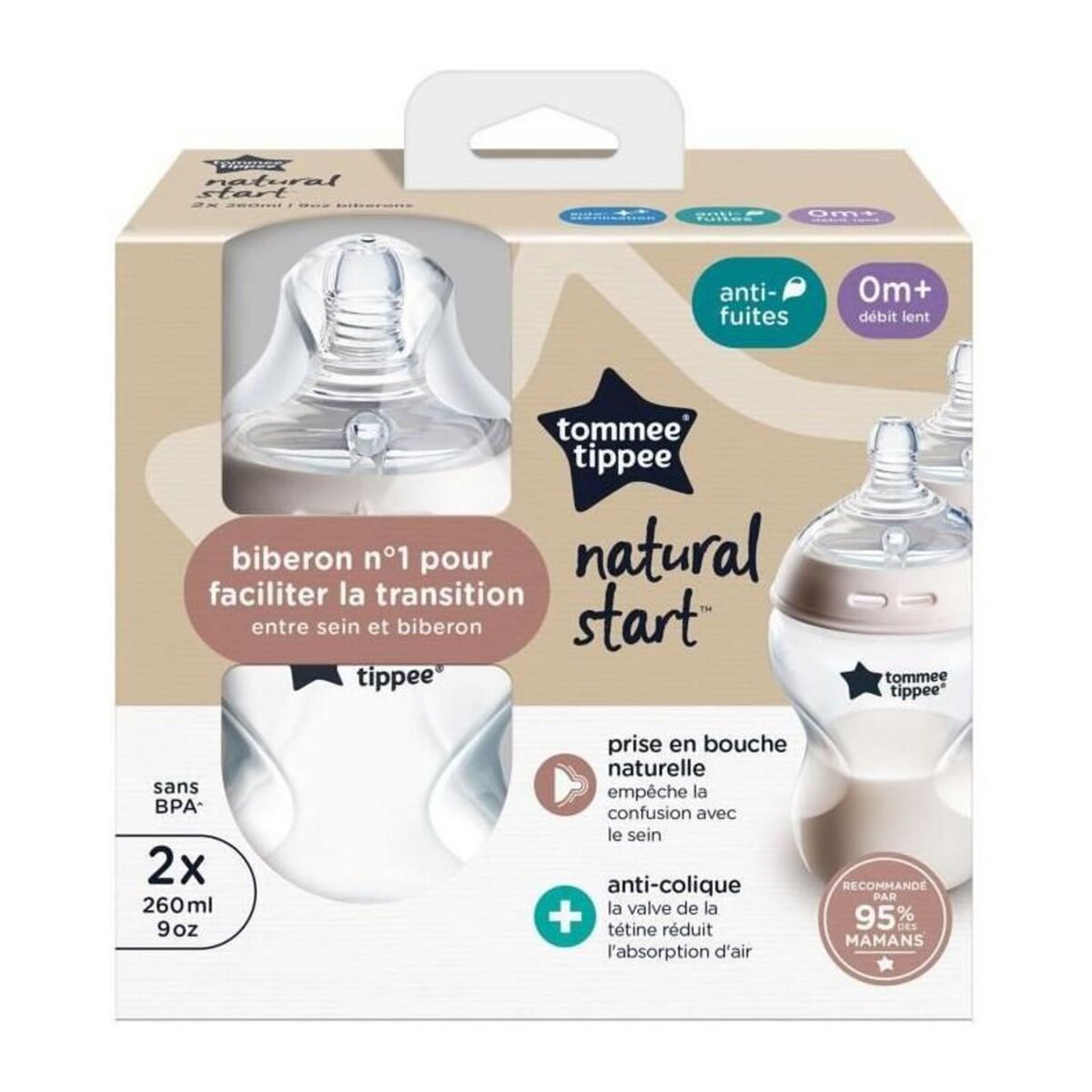 TOMMEE TIPPEE Biberons - TOMMEE TIPPEE - NATURAL START - 260 ml - Anti-colique - Tétine imitant la forme du sein - Lot de 2