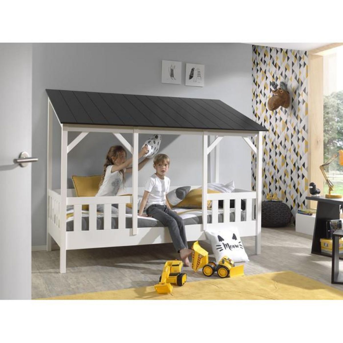 Paris Prix Pack - Lit Cabane Enfant, Sommier & Matelas  Housebed III  90x200cm Blanc & Noir