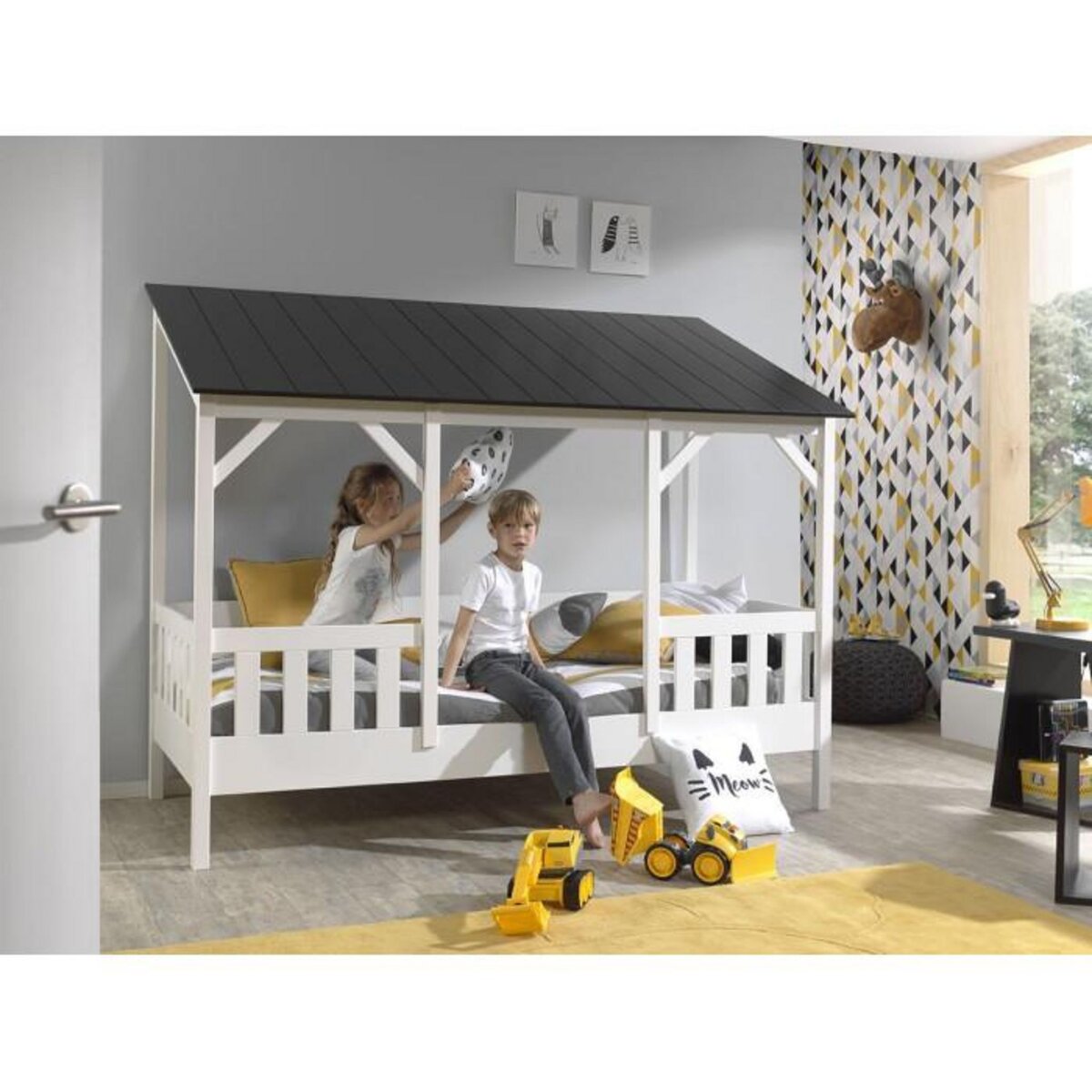 Paris Prix Pack - Lit Cabane Enfant, Sommier & Matelas  Housebed III  90x200cm Blanc & Noir