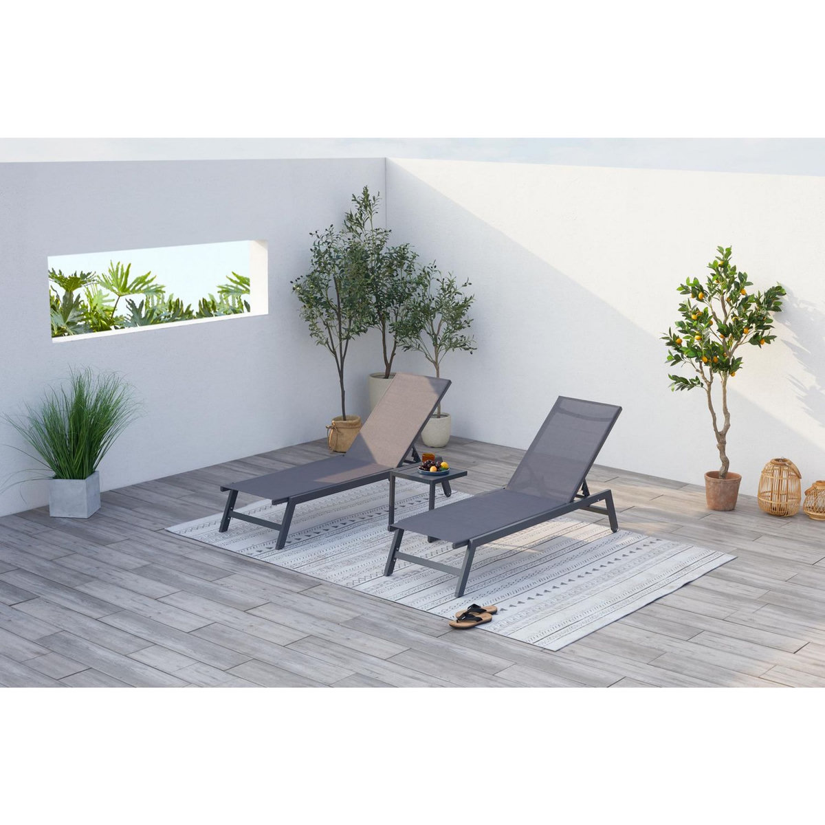 CONCEPT USINE Lot de 2 transats et une table d'appoint gris et noir PRATO