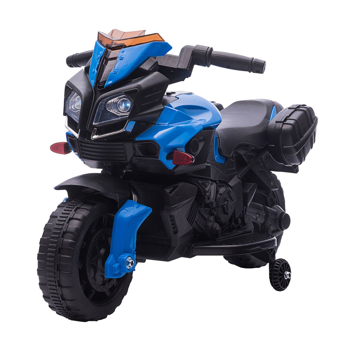 HOMCOM Moto électrique enfant 6 V 3 Km/h effet lumineux et sonore roulettes  amovibles repose-pied valises latérales métal PP bleu noir pas cher 