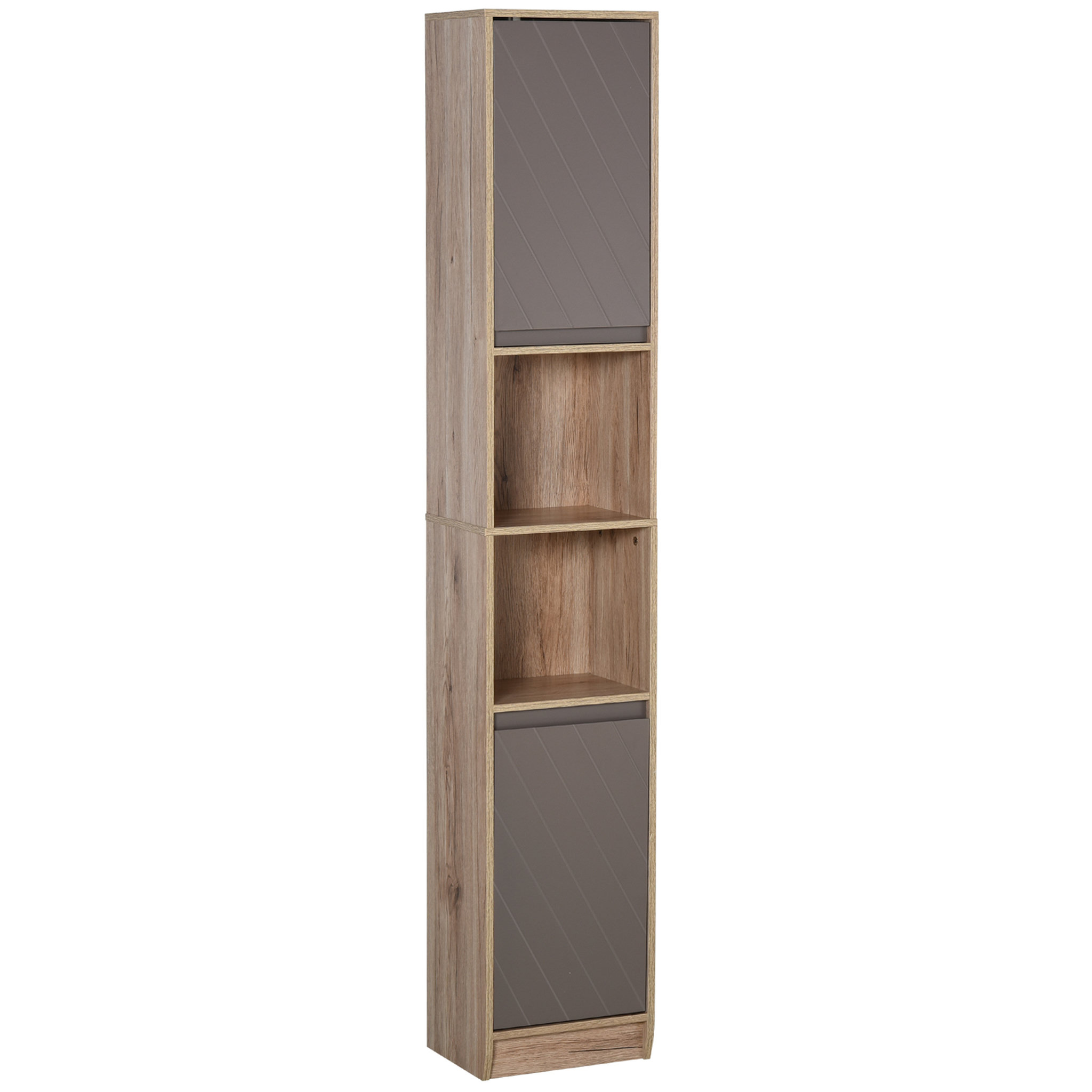 Voir la diapositive 1 : HOMCOM Meuble colonne rangement salle de bain style cosy dim. 30L x 24l x 170H cm 2 portes étagère 2 niches chêne clair gris