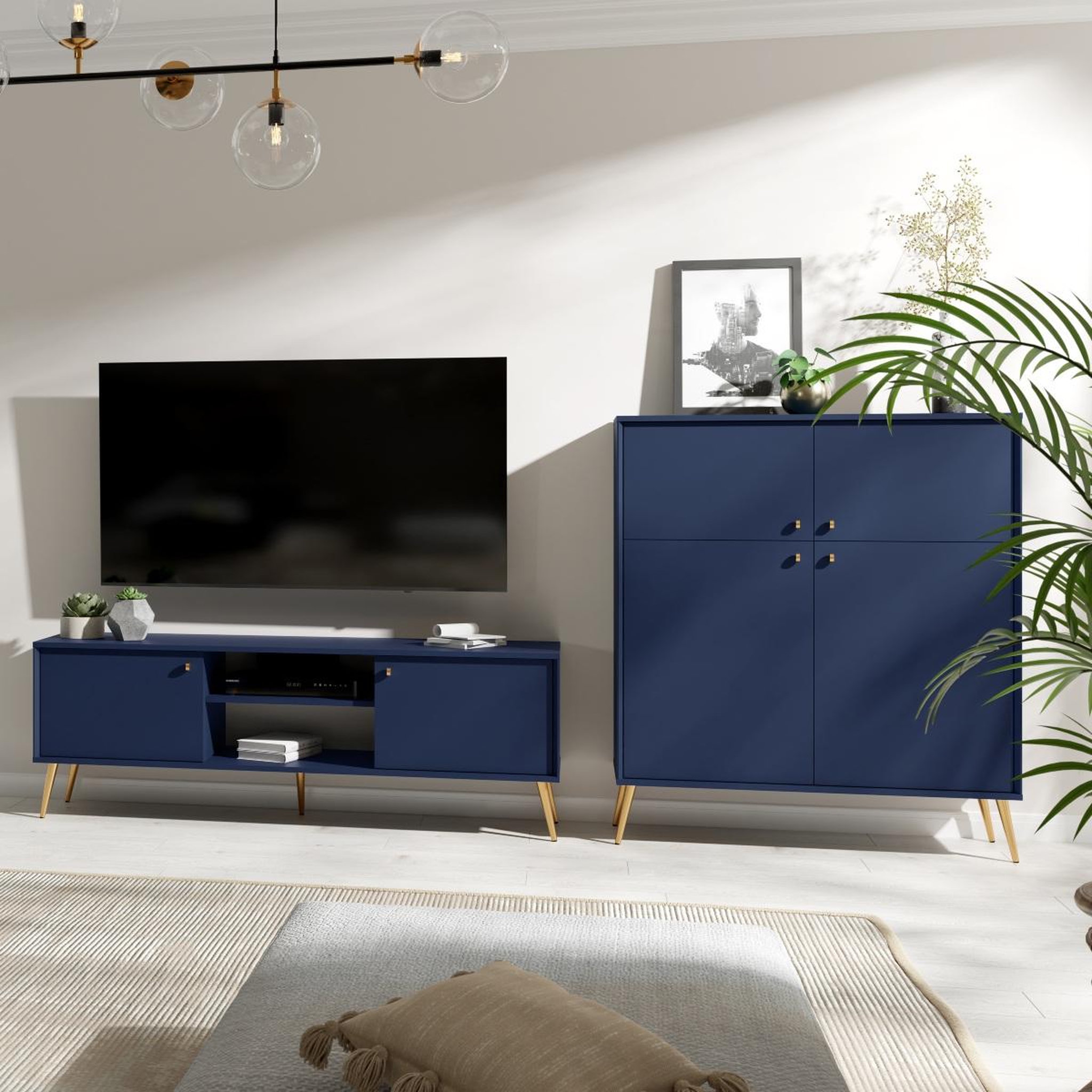 Voir la diapositive 4 : JLC KREATION Meuble tv moderne bleu foncé et pied or ezia