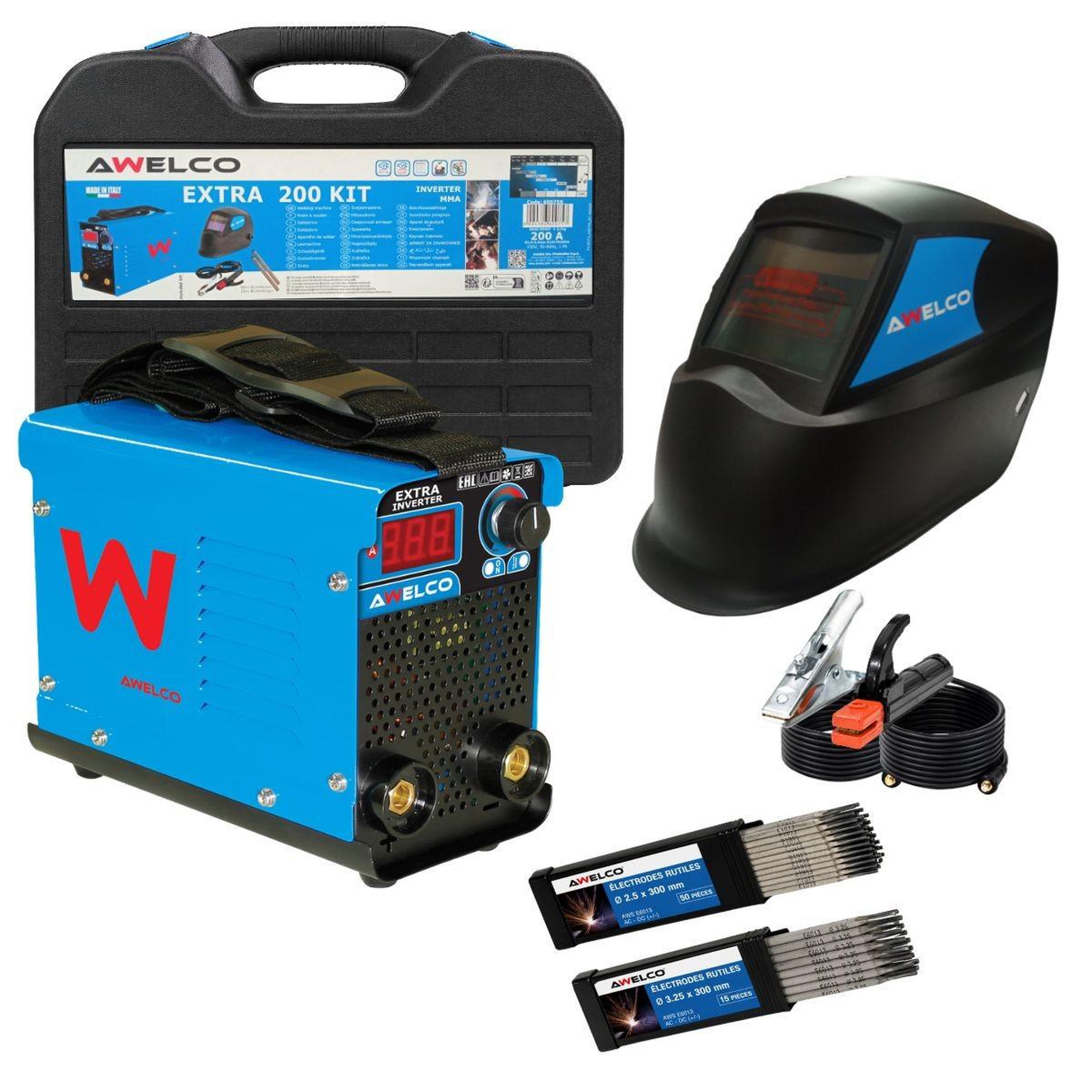 Voir la diapositive 6 : Awelco Poste à souder inverter 200a mma igbt + cagoule de soudure automatique + 50 électrodes ø2.5mm + 15 électrodes ø3.25mm awelco