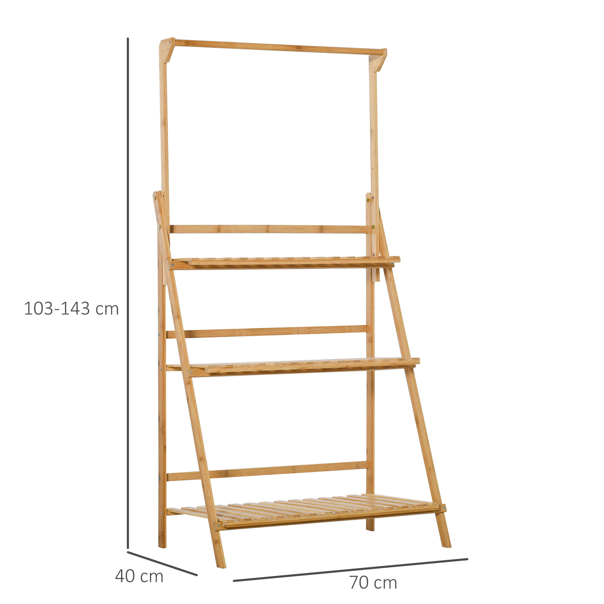Voir la diapositive 3 : OUTSUNNY Étagère échelle à fleurs en bois de bambou - porte plante bois 3 étagères + barre support pour pots suspendus