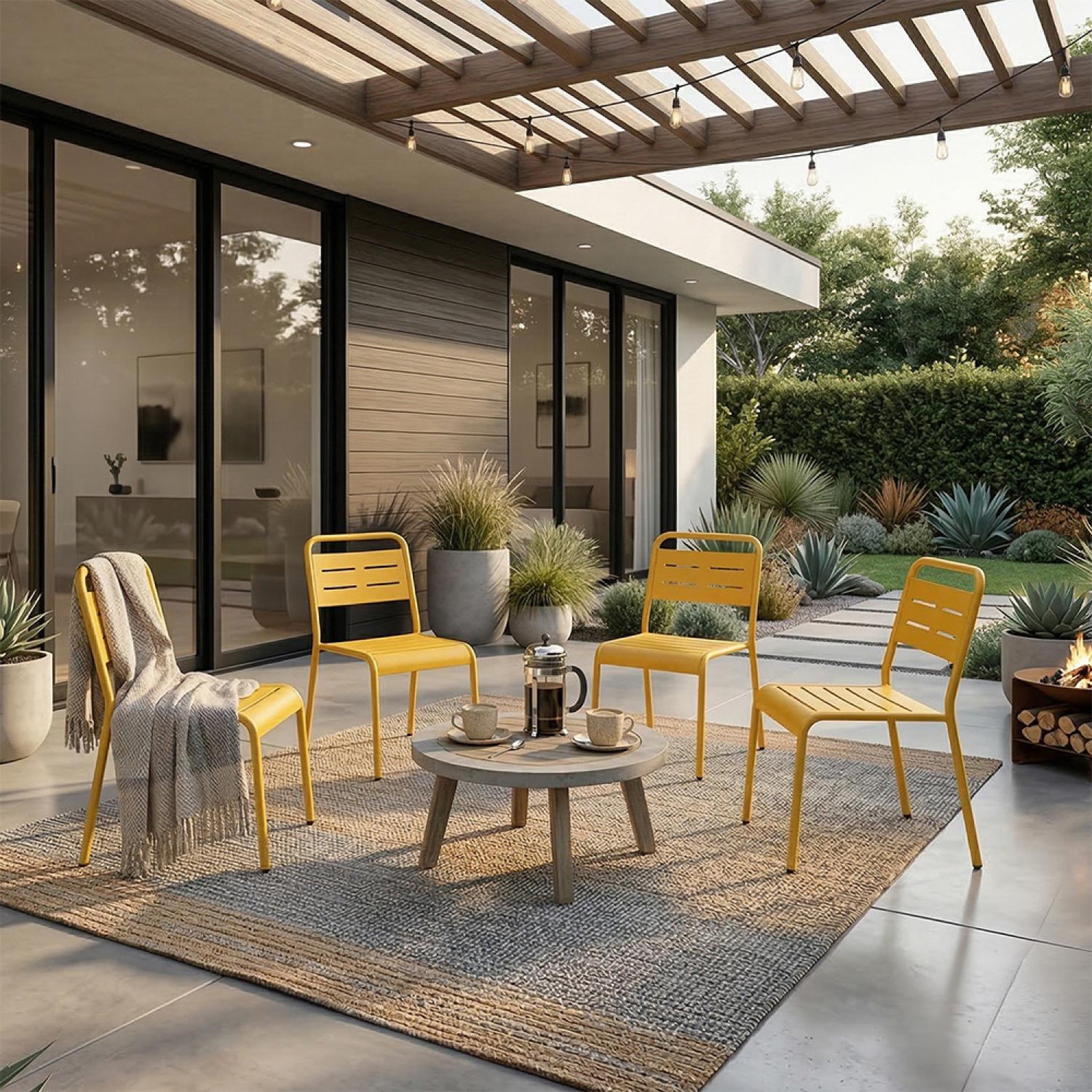 Voir la diapositive 4 : CONCEPT USINE Ensemble de 4 chaises de jardin empilables jaunes bergame