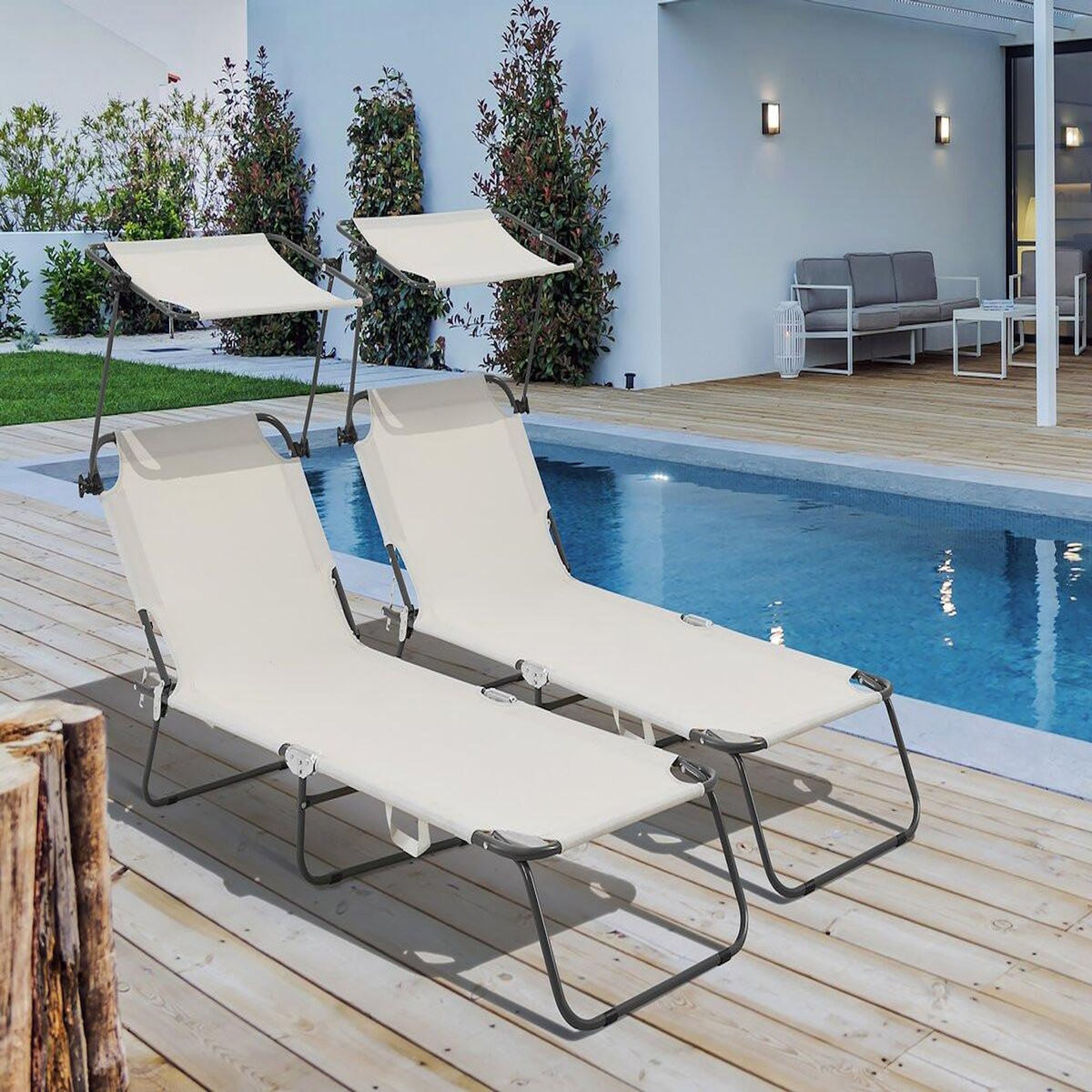 Habitat et Jardin Lot de 2 bain de soleil pliable  Lazy  - Avec pare soleil - Beige