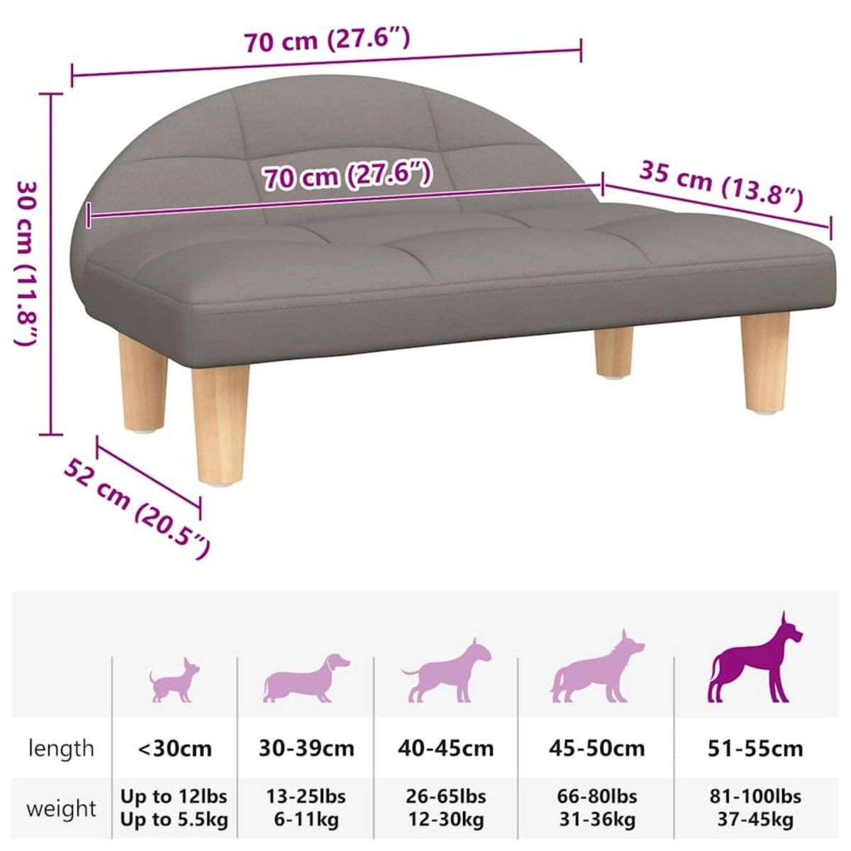 VIDAXL Lit pour chien taupe 70x52x30 cm tissu