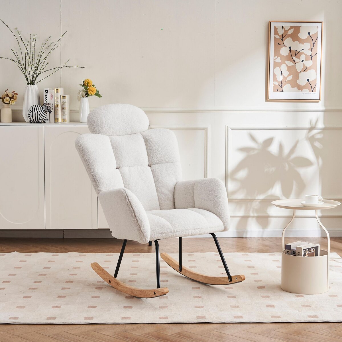 MERAX Fauteuil à Bascule Rocking Chair Fauteuil Relax Avec Têtière Blanc