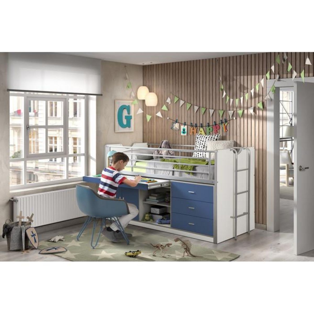 Paris Prix Lit Combiné Enfant  Bonny  90x200cm Bleu