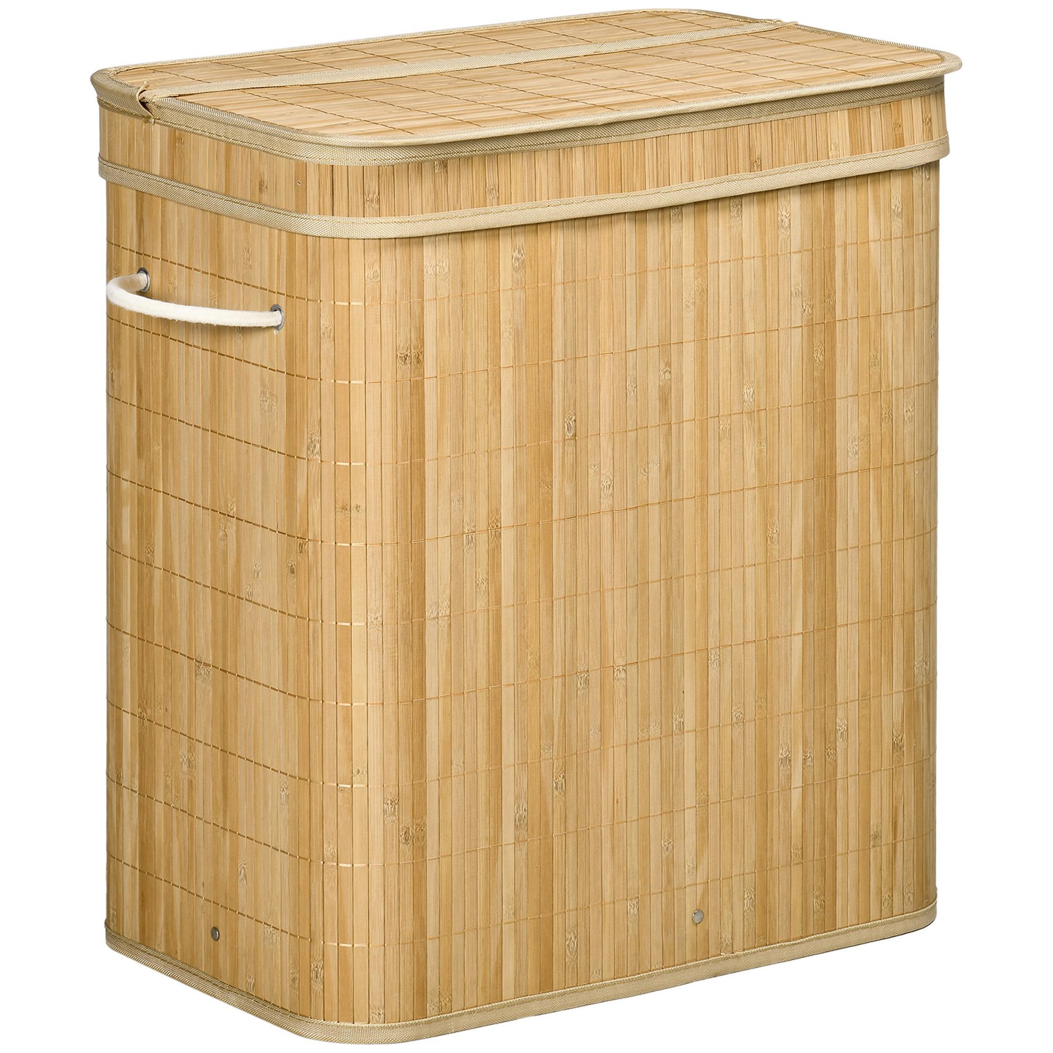 HOMCOM Panier à linge corbeille à linge bac à linge 100 l 2 compartiments couvercle sac amovible 2 poignées tissu bambou