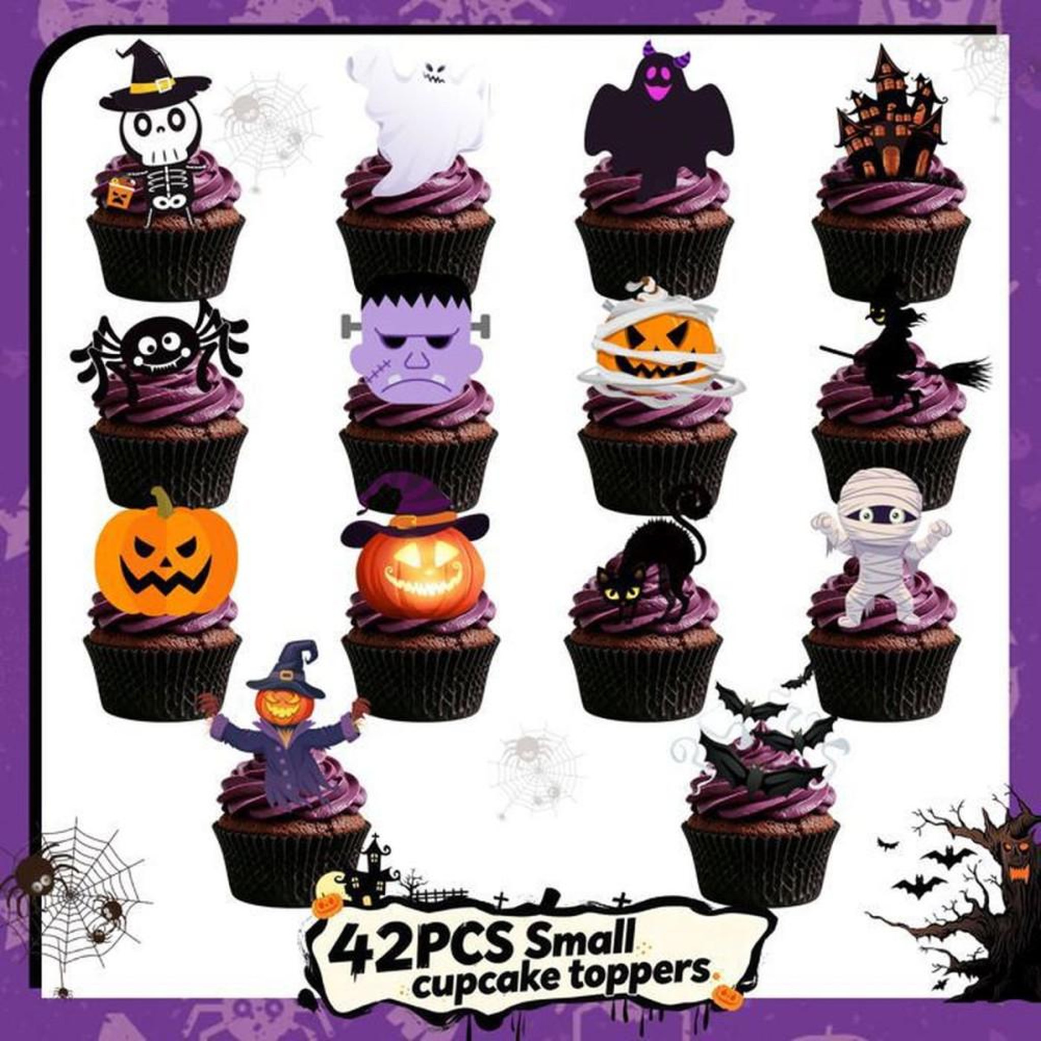 Voir la diapositive 2 : Décorations pour gâteau Halloween, mini toppers et petits drapeaux multicolores INBOXXARTY, 42 pièces