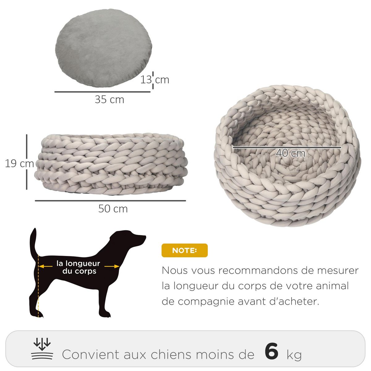 PAWHUT Panier pour chien chat Ø50 x 19H cm effet tressé tricot - coussin amovible et lavable en machine - polyester gris
