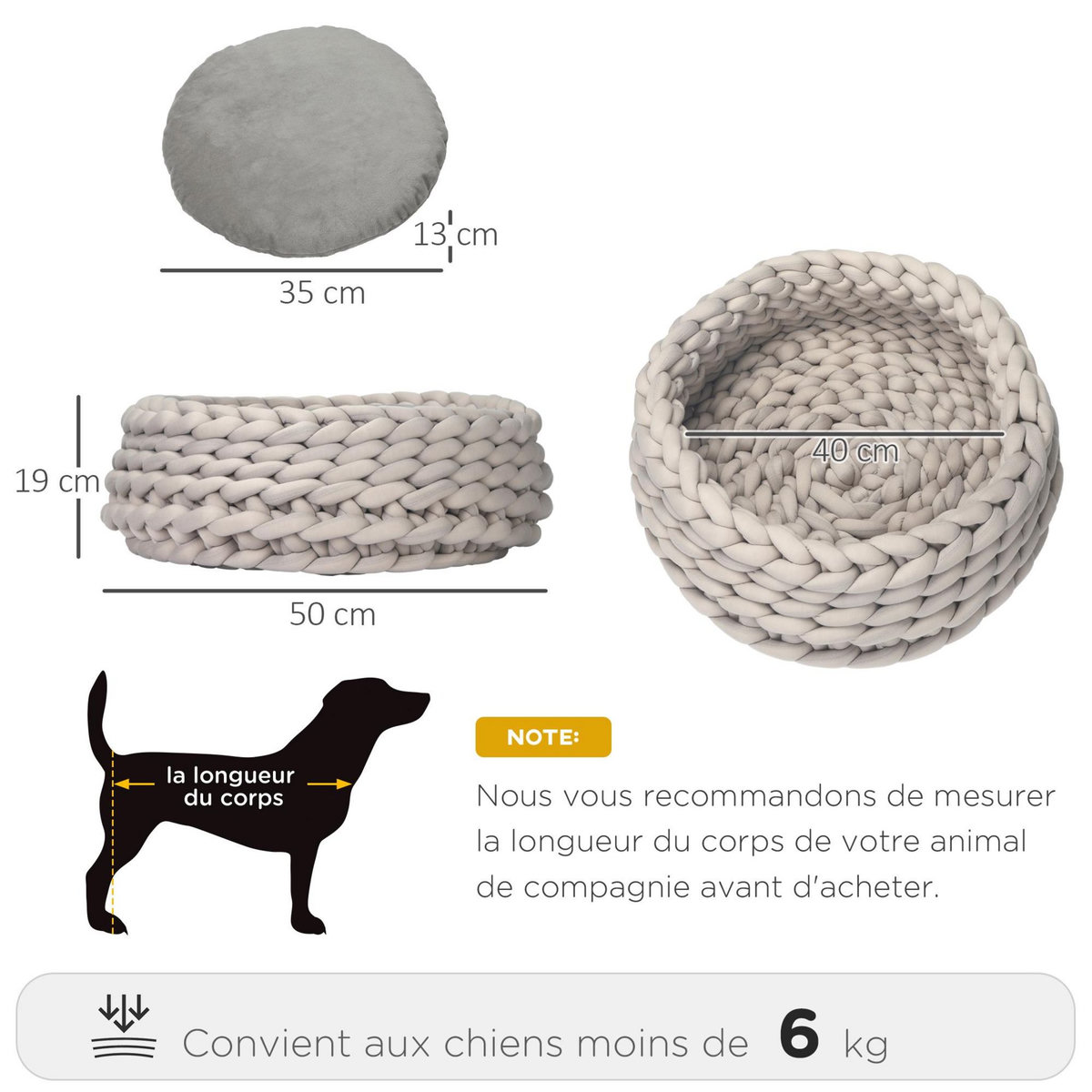 PAWHUT Panier pour chien chat Ø50 x 19H cm effet tressé tricot - coussin amovible et lavable en machine - polyester gris