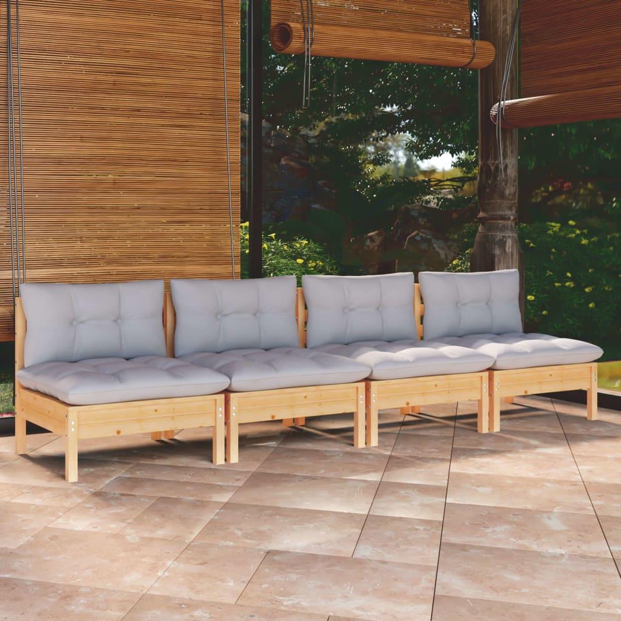 Voir la diapositive 1 : VIDAXL Canape 4 places de jardin et coussins gris Bois de pin solide