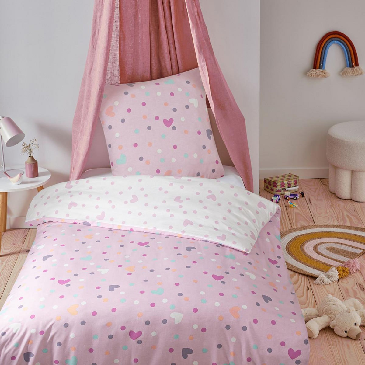 FUTURE HOME Parure de lit enfant pois et cœurs réversible 140x200cm