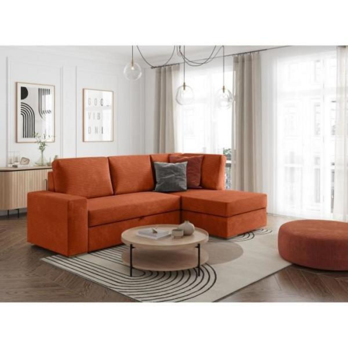 LOUNGITUDE Canapé d'angle droit 3 places convertible ADEN avec coffre en velours côtelé - Terracotta - L246 x P174 x H96cm - LOUNGITUDE