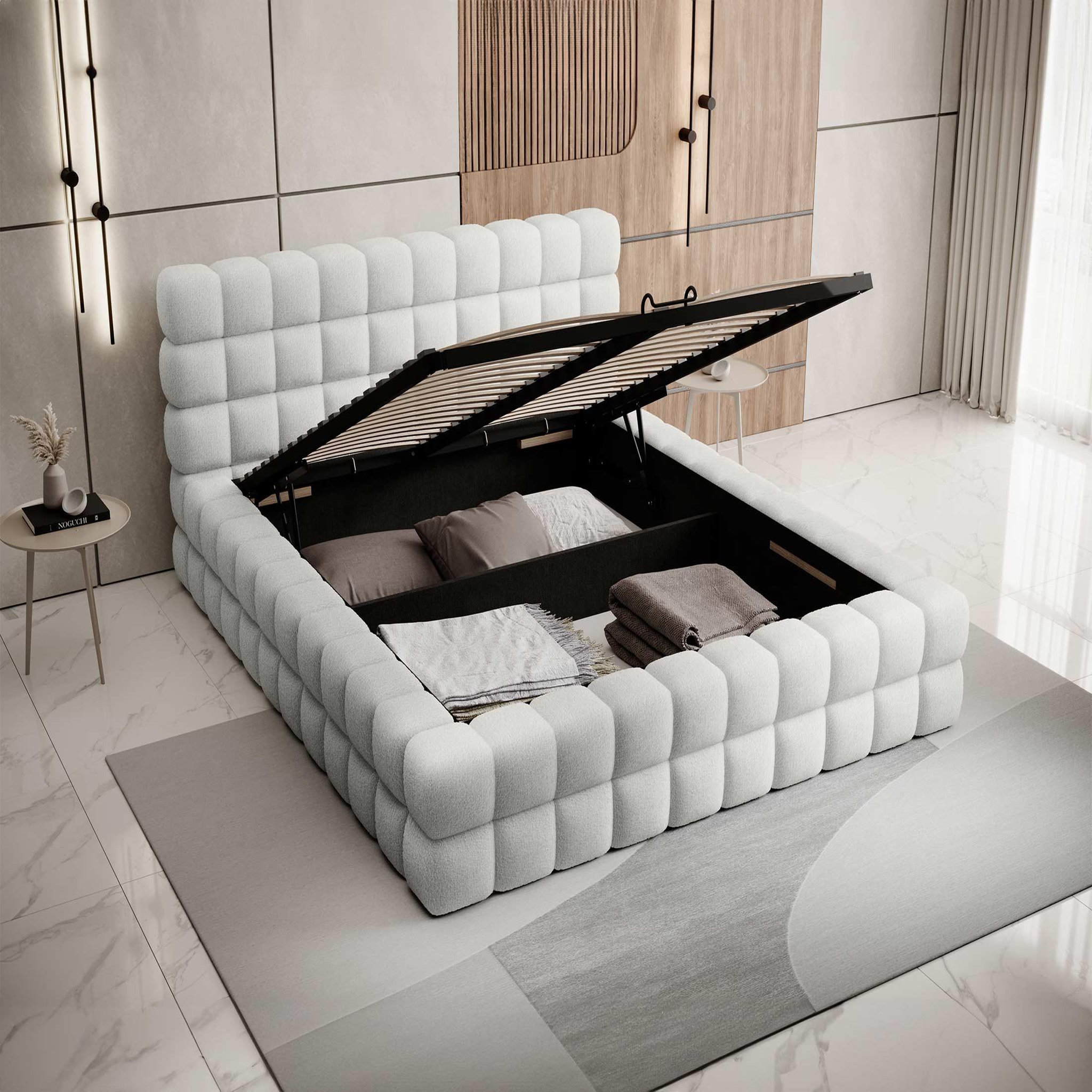 Voir la diapositive 2 : BEST MOBILIER Kingston - lit coffre - 140x200 - sommier inclus - en tissu bouclette