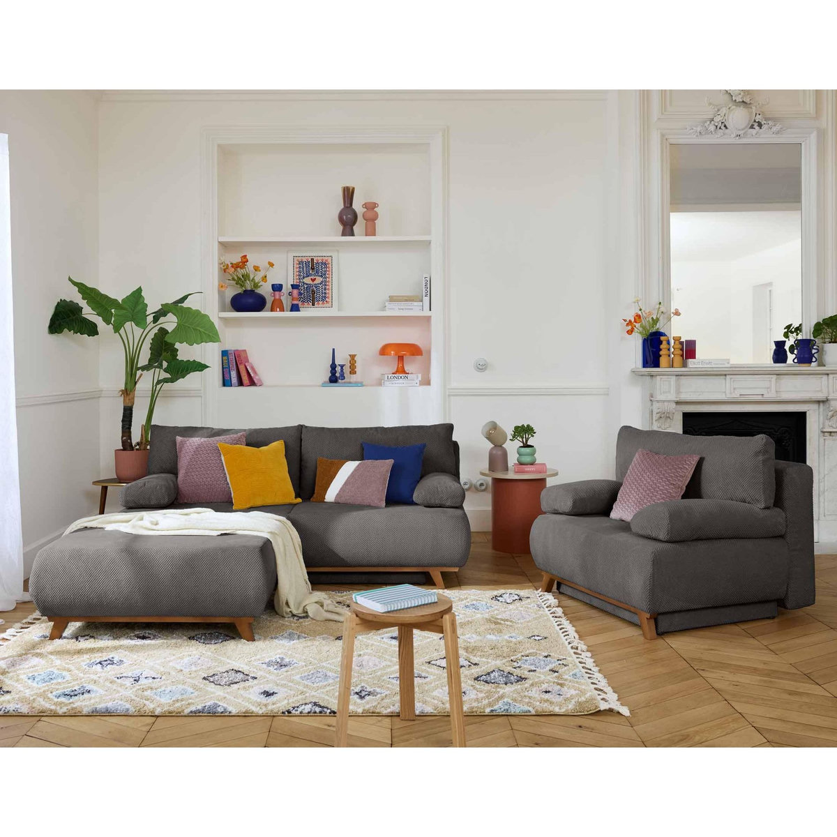 BEST MOBILIER Cristal - canapé 3 places - convertible avec coffre et grand pouf - en velours texturé