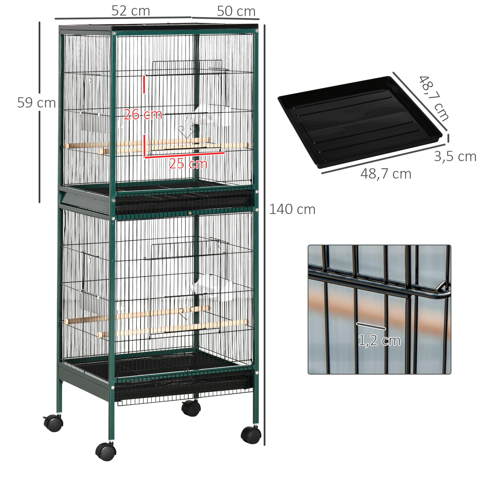Voir la diapositive 3 : PAWHUT Grande cage à oiseaux sur pied à roulettes - volière double, mangeoires, perchoirs, plateau amovible - vert noir