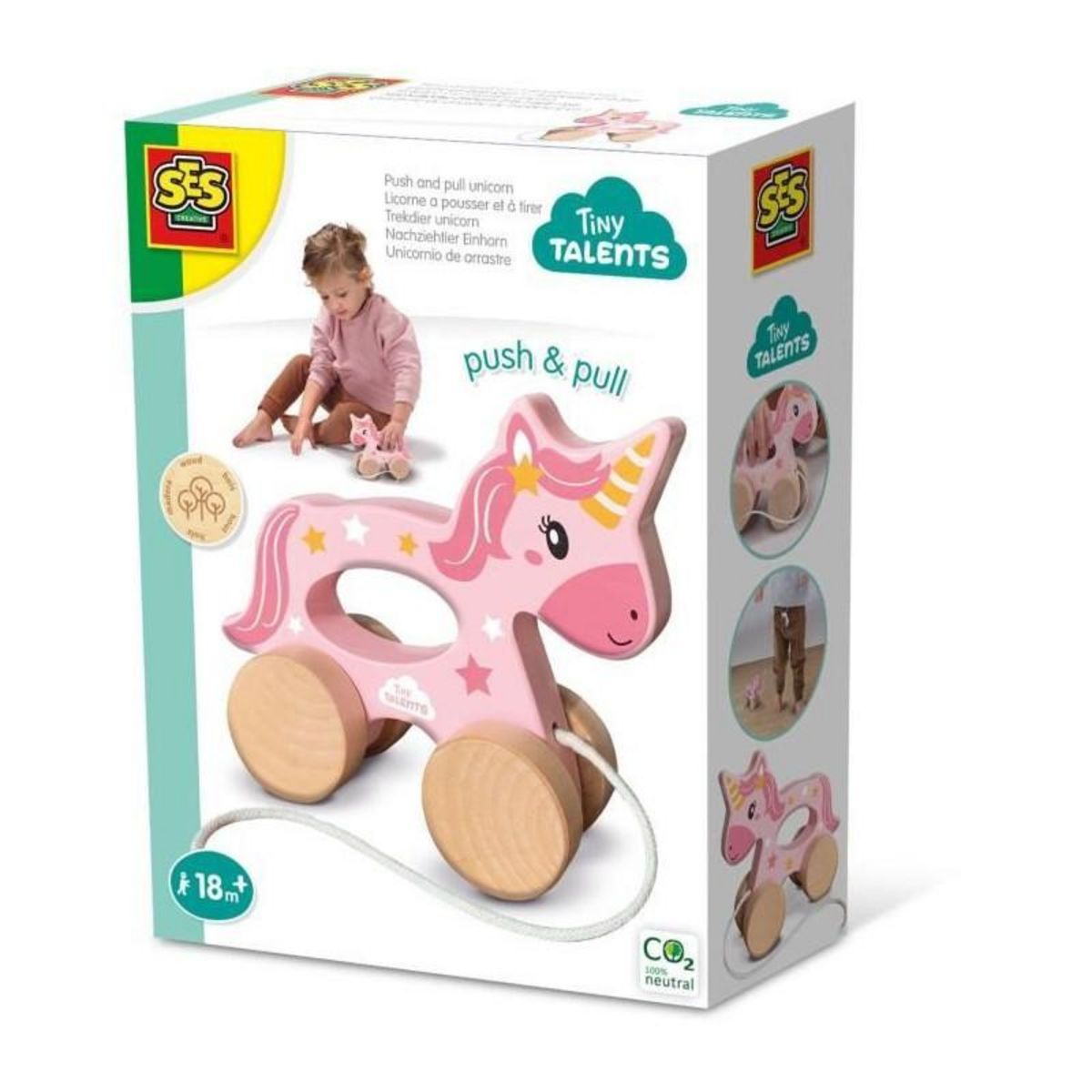 SES Creative Licorne en bois 2 en 1 - A pousser et a tirer - SES CREATIVE - Licorne rose a pousser ou a tirer.